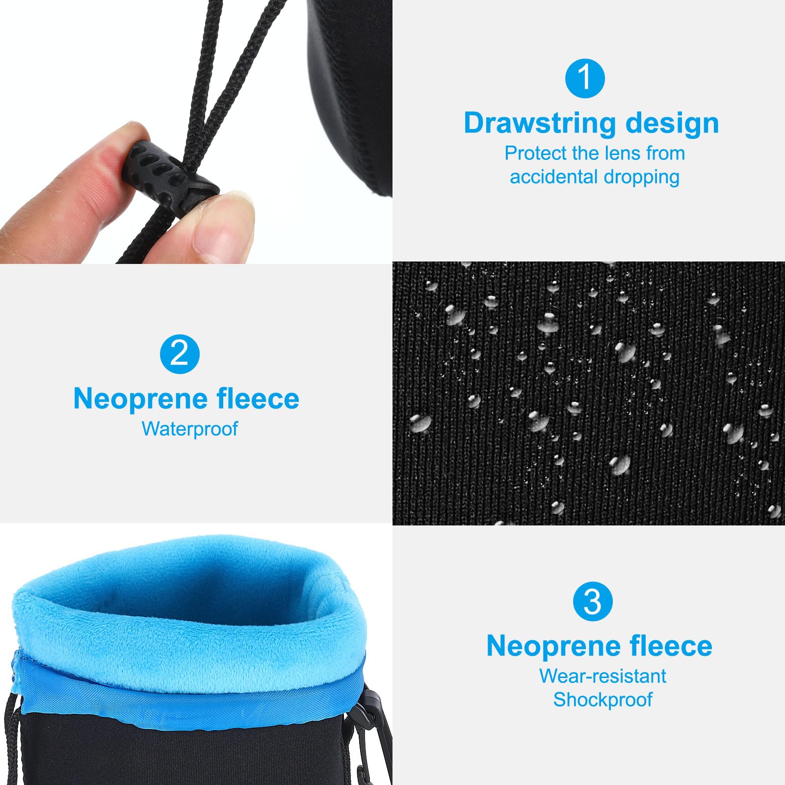 PATIKIL Kamera-Objektivtasche, 2 Stück 3,7" ID x 9,8" H Zugband-Objektivbeutel mit dickem schützendem Neopren, Objektivtasche für DSLR-Kameraobjektiv, Wasser Kaffeetassen, Schwarz, Blau