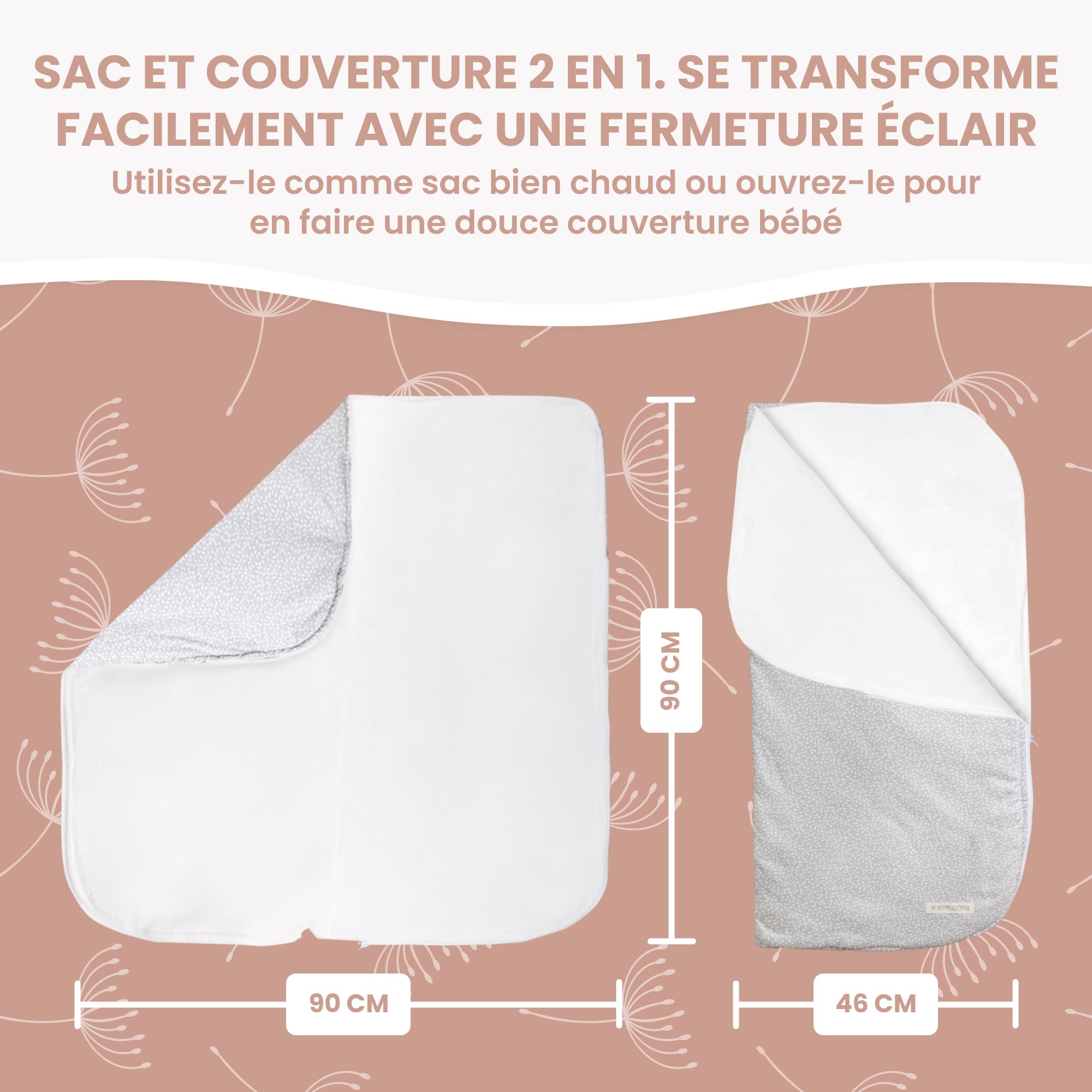 MIMUSELINA Nid d'ange Bébé Hiver Poussette et Berceau | Gigoteuse 0-6 Mois Hiver en Coton Doux | 2 en 1: Sac de Couchage Bébé 92x46 cm ou Couverture Emmaillotage 92x92 cm | Espagne