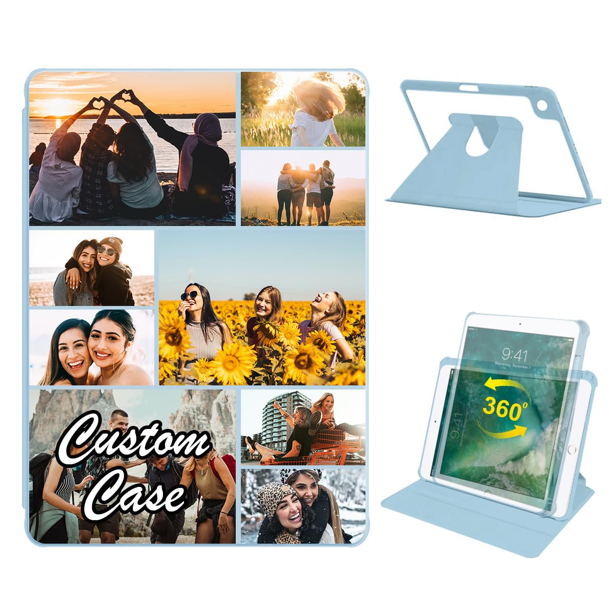 Custom Personalized Case for iPad 10.2 in 7th / 8th / 9th Gen (2021/2020/2019) with Collage Photo Picture 360 Degree Rotating Multi-Angle View Stand