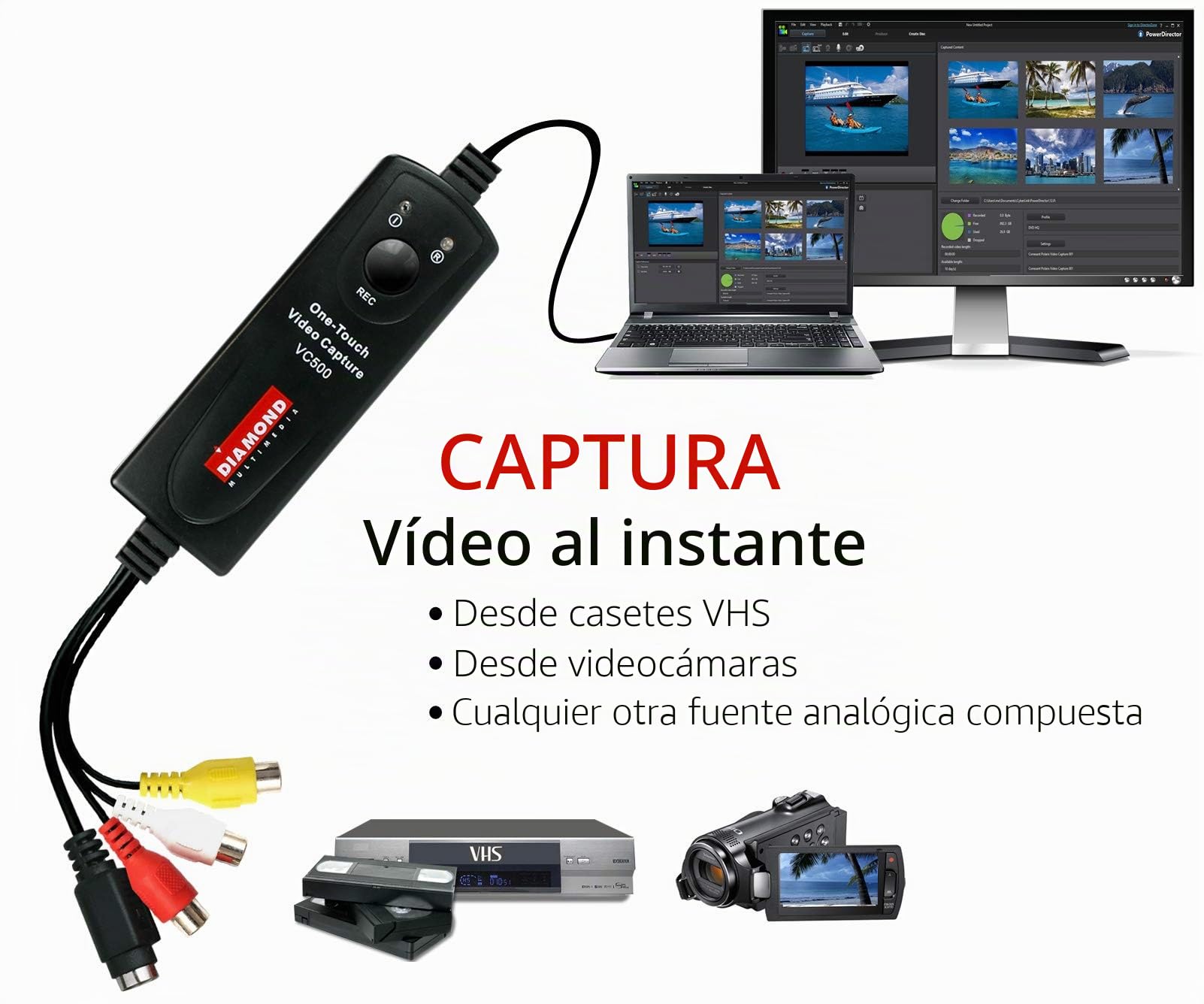 Diamond Multimedia VC500 One Touch dispositivo para capturar video USB 2.0 - Capturadora de vídeo (NTSC,PAL, 25 pps, 30 pps, 720 x 576 Pixeles, 720 x 480 Pixeles, MPEG1,MPEG2,MPEG4)