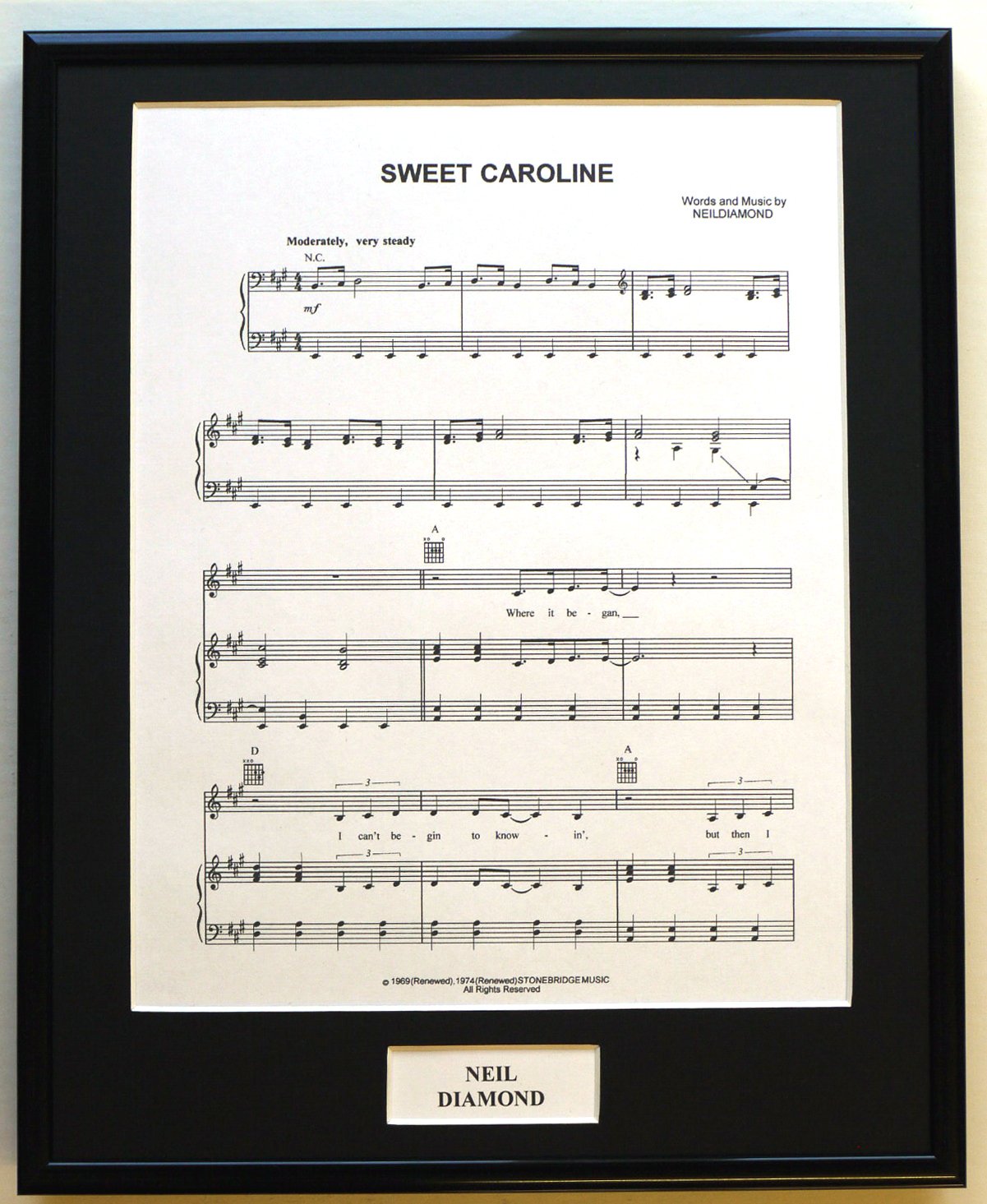 NEIL DIAMOND/FRAMED SONGSHEET/SWEET CAROLINE (Can be personalised)