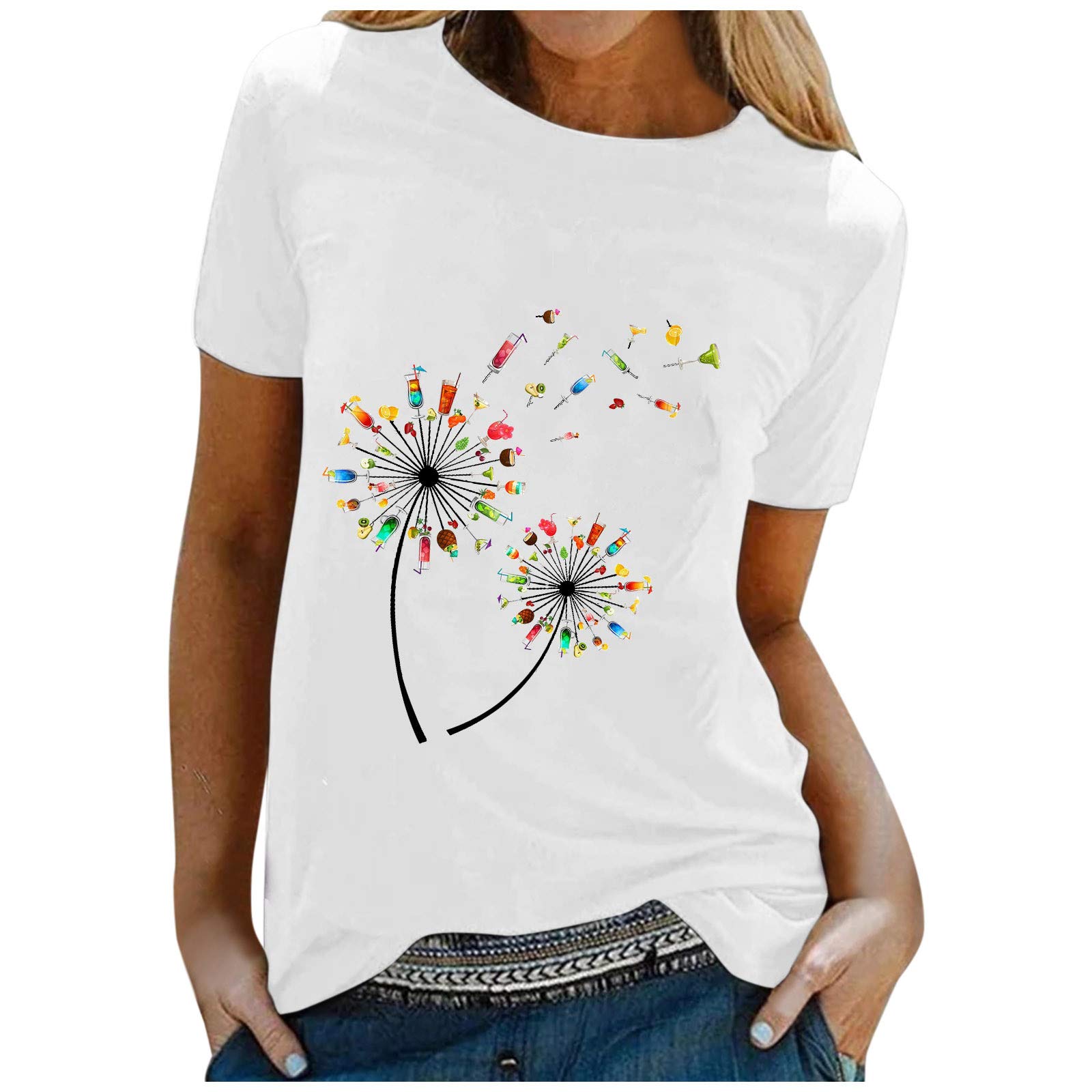 Générique Camiseta para mujer, cuello redondo, manga corta, manga corta, camiseta de cuello redondo, blusas casuales, estampadas, camiseta suelta, camiseta, niña, elegante, tops de playa, blanco, XL