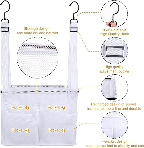 Miniatura 6 de Organizador de malla colgante para ducha con ganchos, cestas de baño con 4 bolsillos para dormitorios universitarios, gimnasio, natación y viajes