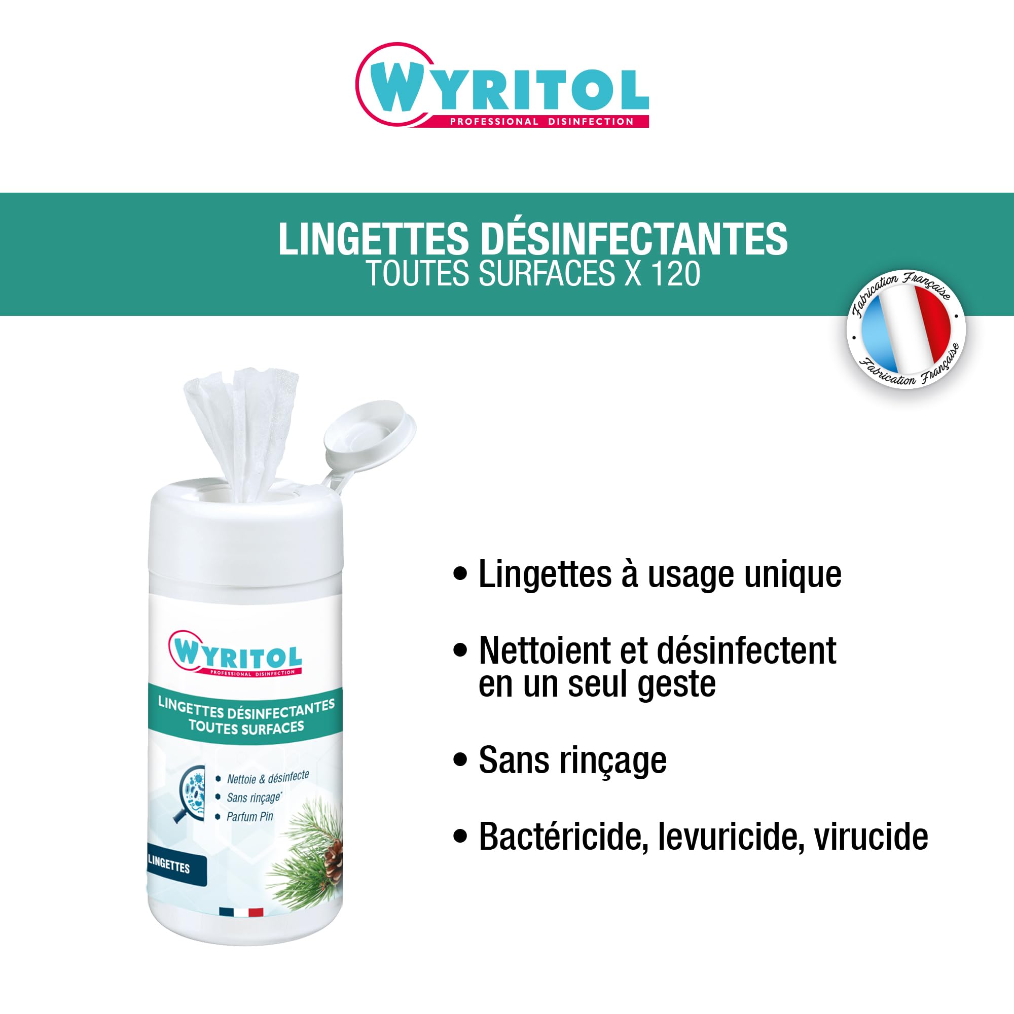 WYRITOL - Lingette désinfectante surfaces - nettoie et désinfecte - Sans rinçage - Usage unique - Multi usages - 120 pièces- Fabrication Française