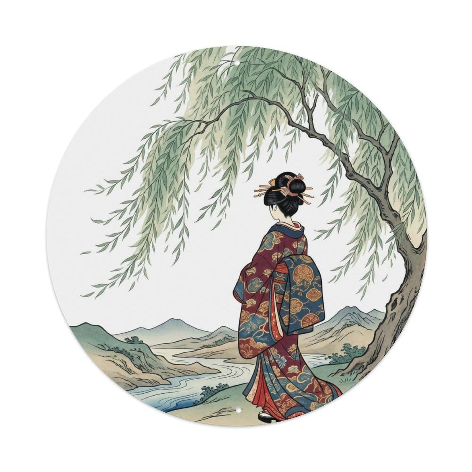 Galvaxio Style Japanese Kimono Woman Watching Willow Branches Drooping Metal Tin Sign