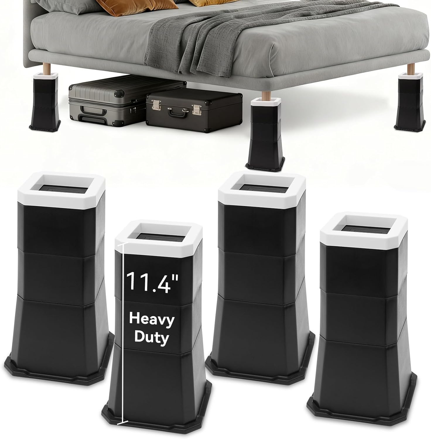 EleganceX Bed Risers Heavy Duty 4 Pack – Lift Beds,Table & Couch, Non-Slip Furniture Risers for Extra Under-Bed Storage (12 inch, 2000lb Capacity)