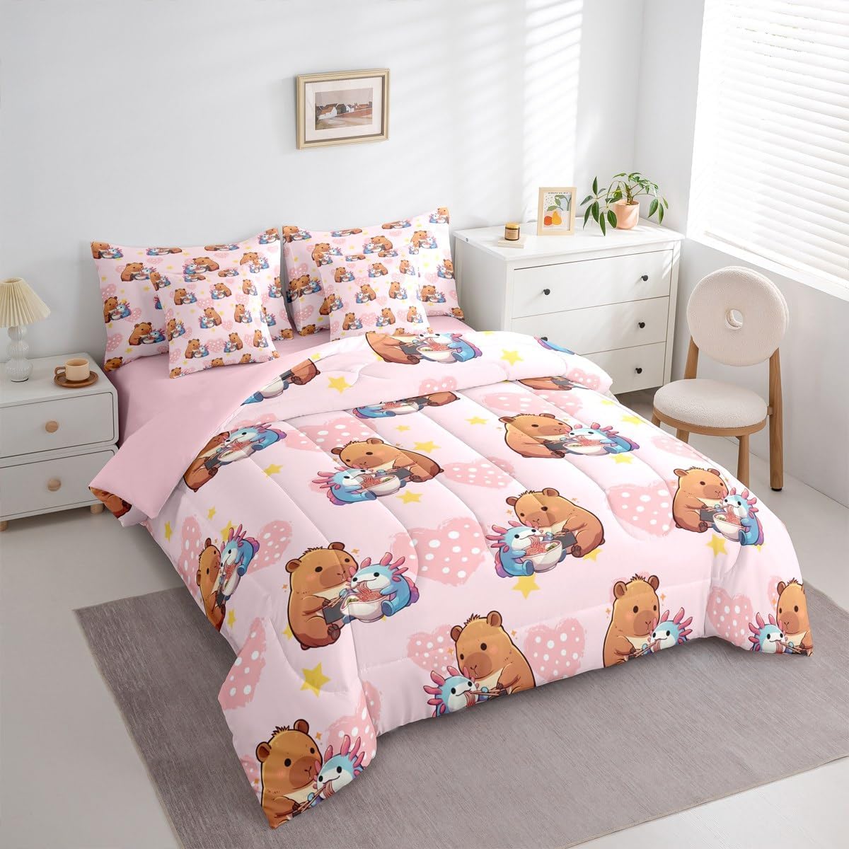 Erosebridal Girls Cute Capybara 7 Pieces Bedding Set, Axolotl Bed in a Bag Full, Capybara Feeding Noodles to Salamanders Pink Comforter Set with Sheets, Star Polka Dot Love Heart Bed Sets