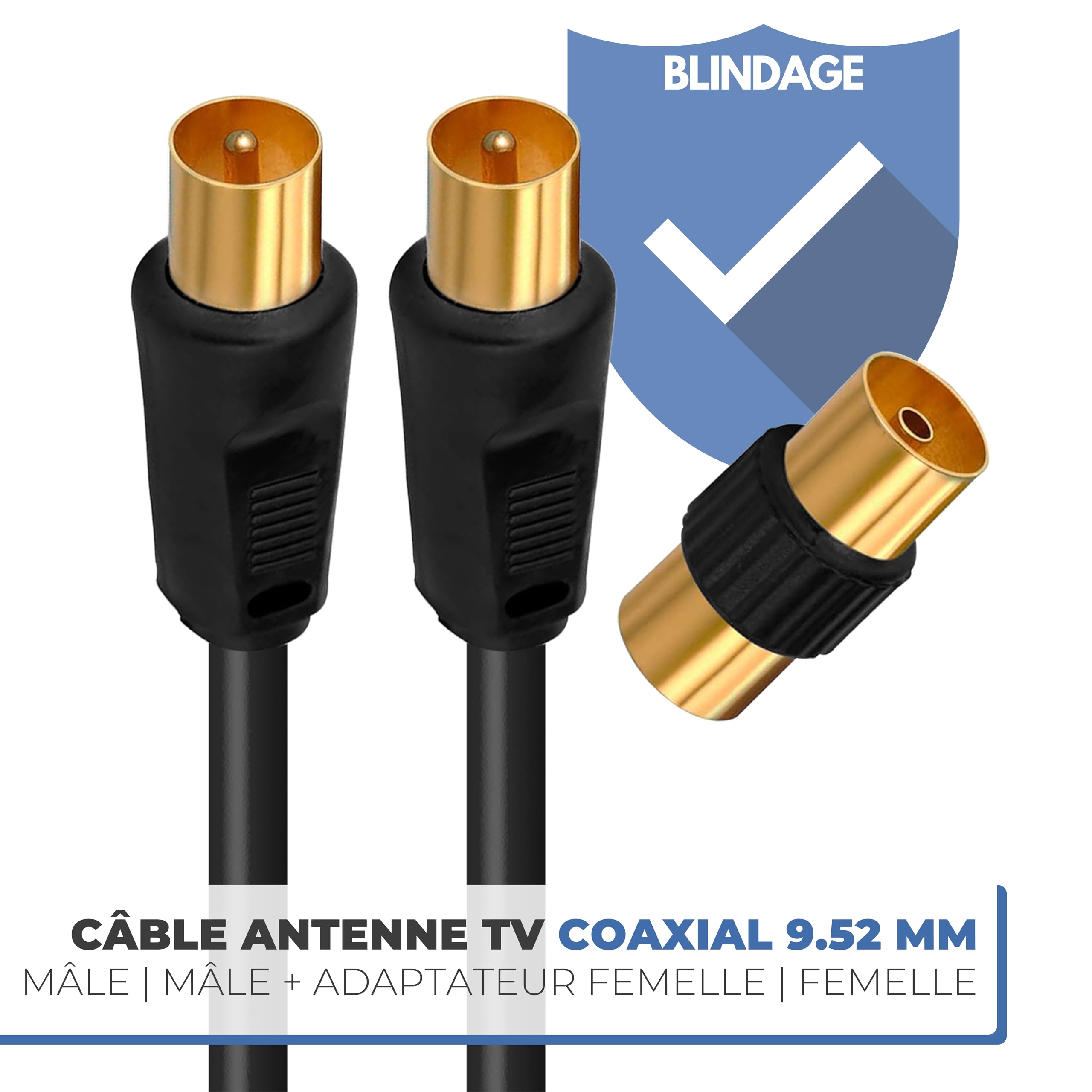 APM Câble TV Antenne 9.52mm, 5 Mètres, Connecteurs Gold Mâle/Mâle, Cordon Coaxial Noir avec Adaptateur Femelle/Femelle Inclus, Compatible TV Décodeur TNT Fiche Murale 9.52mm, 408026, 5m