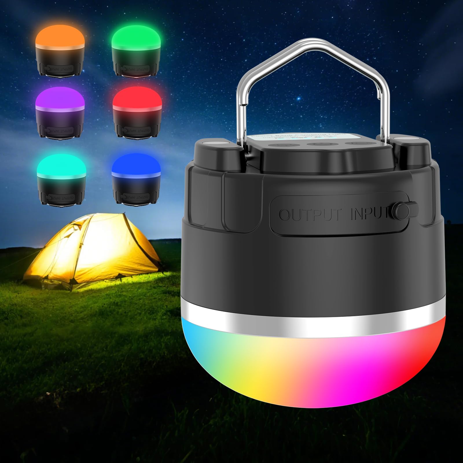 Phylosal LED Camping Lantern Rechargeable, 1000LM Portable Tent Light with 12 RGB Lighting Modes, Power Bank, Waterproof, Mini Flashlight with Magnetic Base for Emergency, Power Outages, Hiking, Home