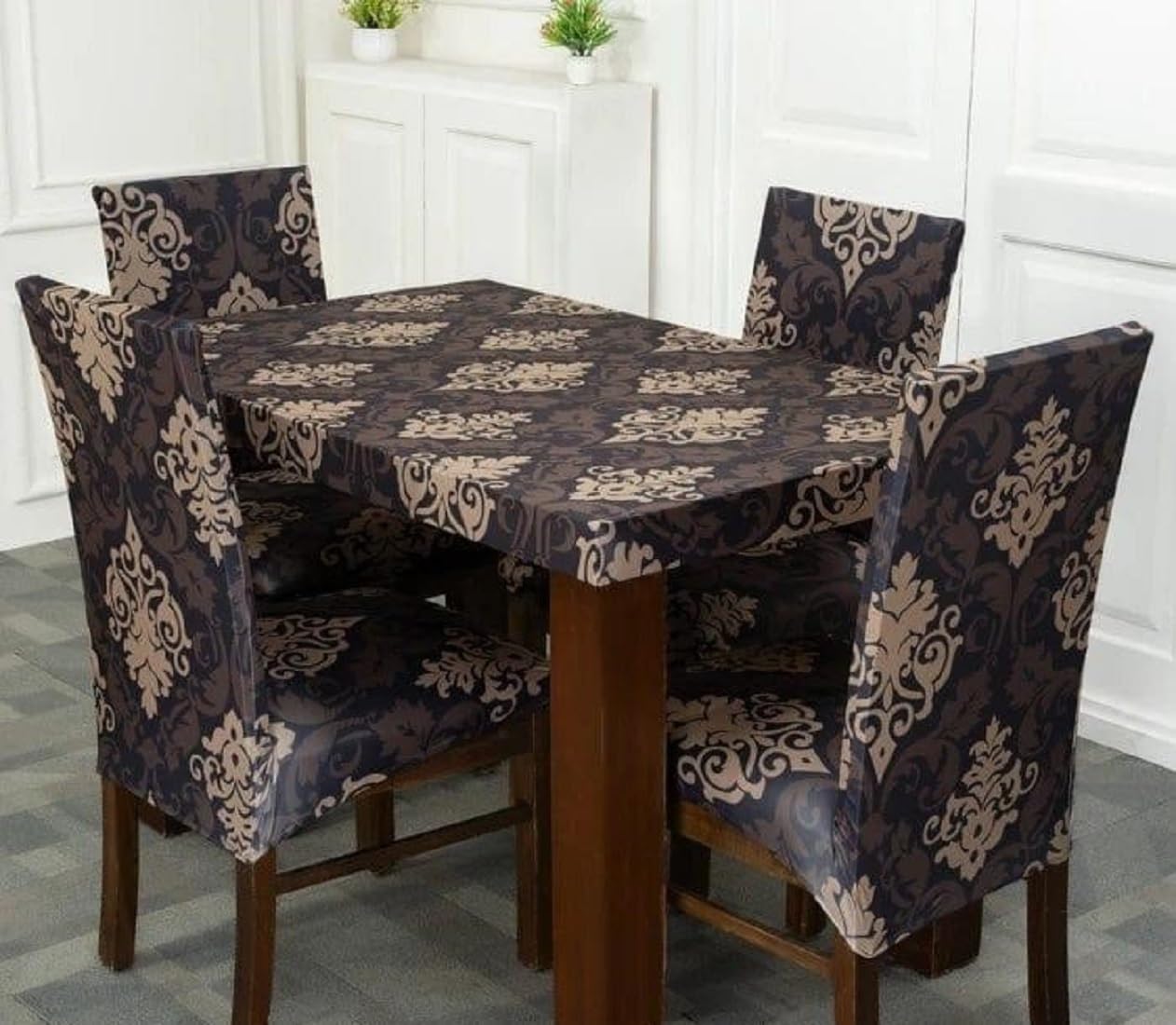 TURIYA Elastic Fitted Polyester Spandex Printed Chair Cover with Matching Table Cover Flexible Slipcover Stretch Removable Washable Dining Chair Cover Protector for Home (Set of 6, Damask)-image-24