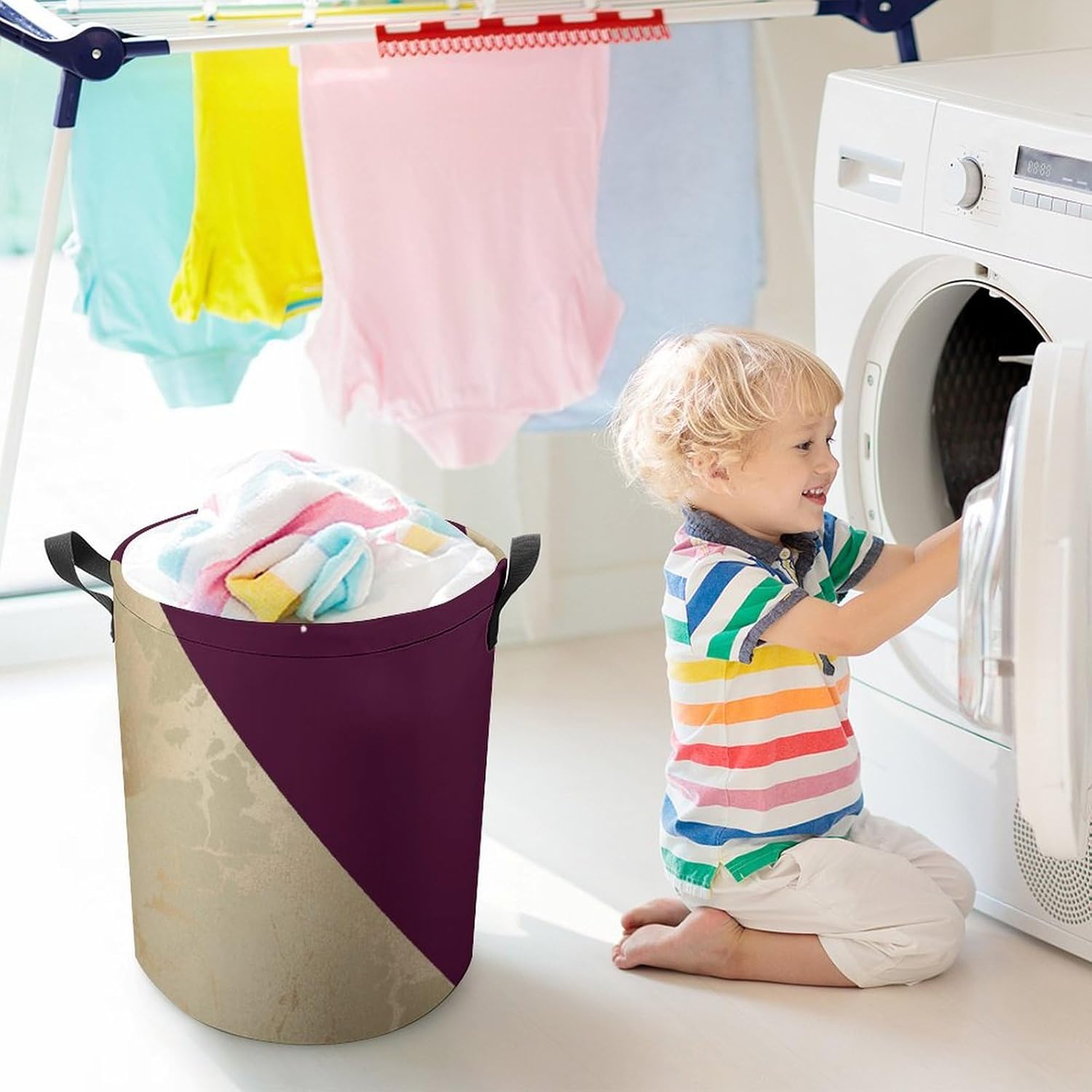 Large Laundry Basket, Gold Marble Pattern and Burgundy Collapsible Laundry Hamper with Drawstring Dirty Clothes Washing Bin for College Dorm Storage Essentials