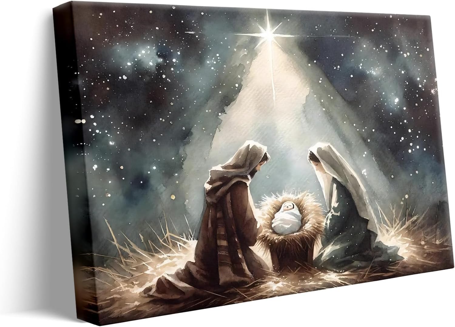 Beautiful Christmas Canvas Wall Art, Holy Family and Star Canvas Print Poster, Spiritual Nativity Christmas Oil Painting, Timeless Religious Artwork, Radiant Pictures Decoration, Framed 24x30inch