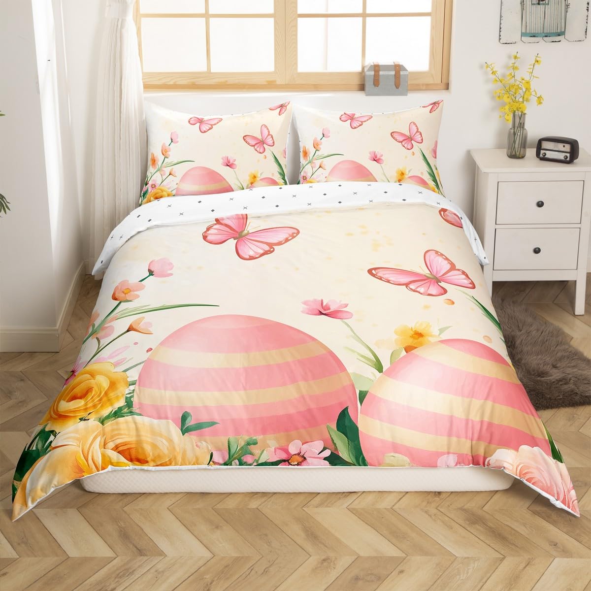 Homemissing Happy Easter Duvet Cover Set Double Size Easter Decoration Room Decor Little Rabbit Rabbit Comforter Cover for Children Girls Boys Cute Animal Bedding Set Dreamy Pink