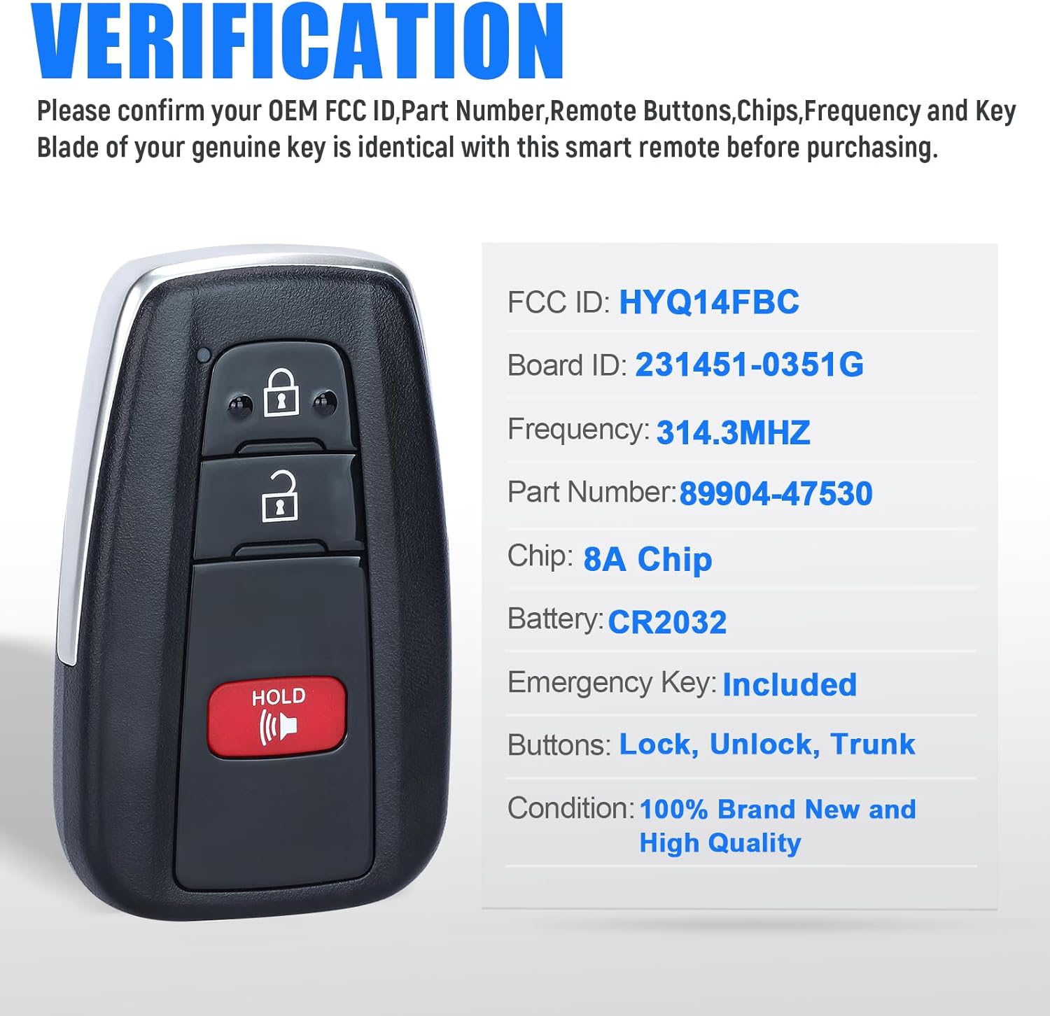 Keyless Entry Remote Smart Key Fob Replacement 8A Chip for Toyota Prius 2016 2017 2018 2019 2020 2021 Board ID:231451-0351G P/N:89904-47530 FCC ID:HYQ14FBC
