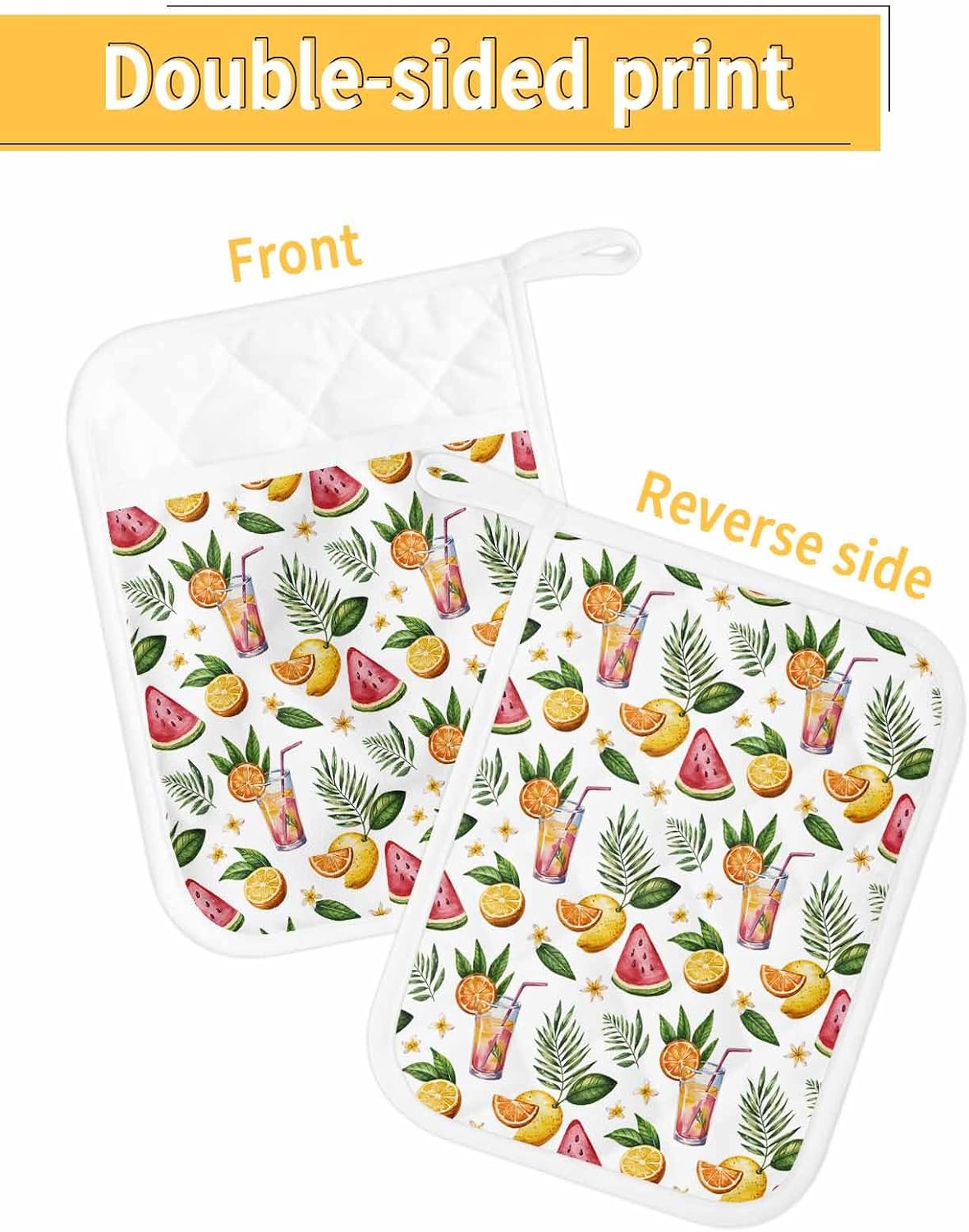 4PCS Pot Holders with Pocket for Kitchen, Summer Pot Holder Set Heat Insulation Potholders, Watermelon Starfish Ice Cream Starfish Lemon Oven Mitts Hot Pads for Baking Cooking Barbecue