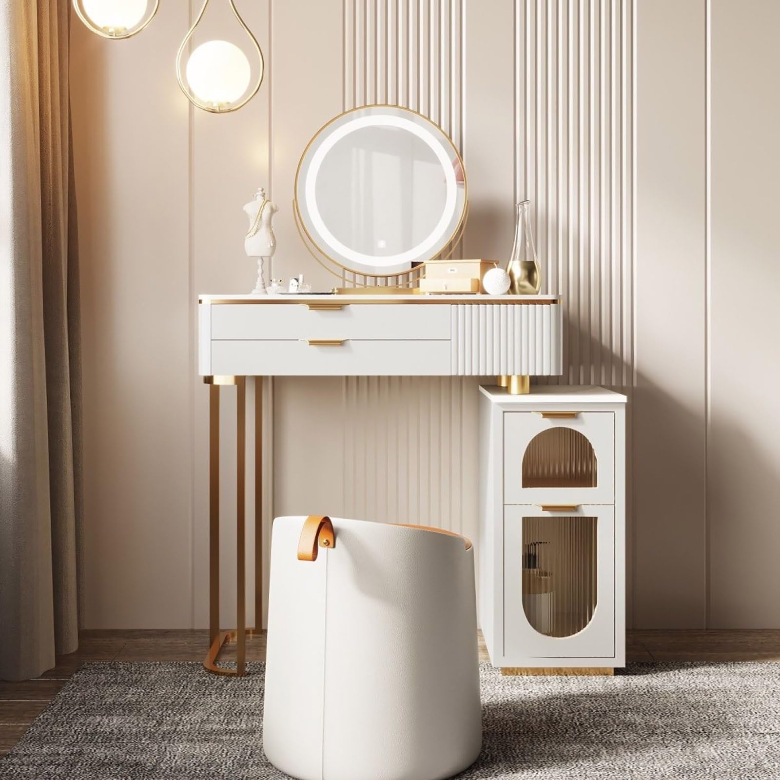 asdchZen Modern Makeup Vanity Set With Adjustable Brightness Mirror, Stylish Dressing Table With Drawers, Gray Stool Included, 3 Lighting Modes For Perfect Beauty Routine,White-60cm