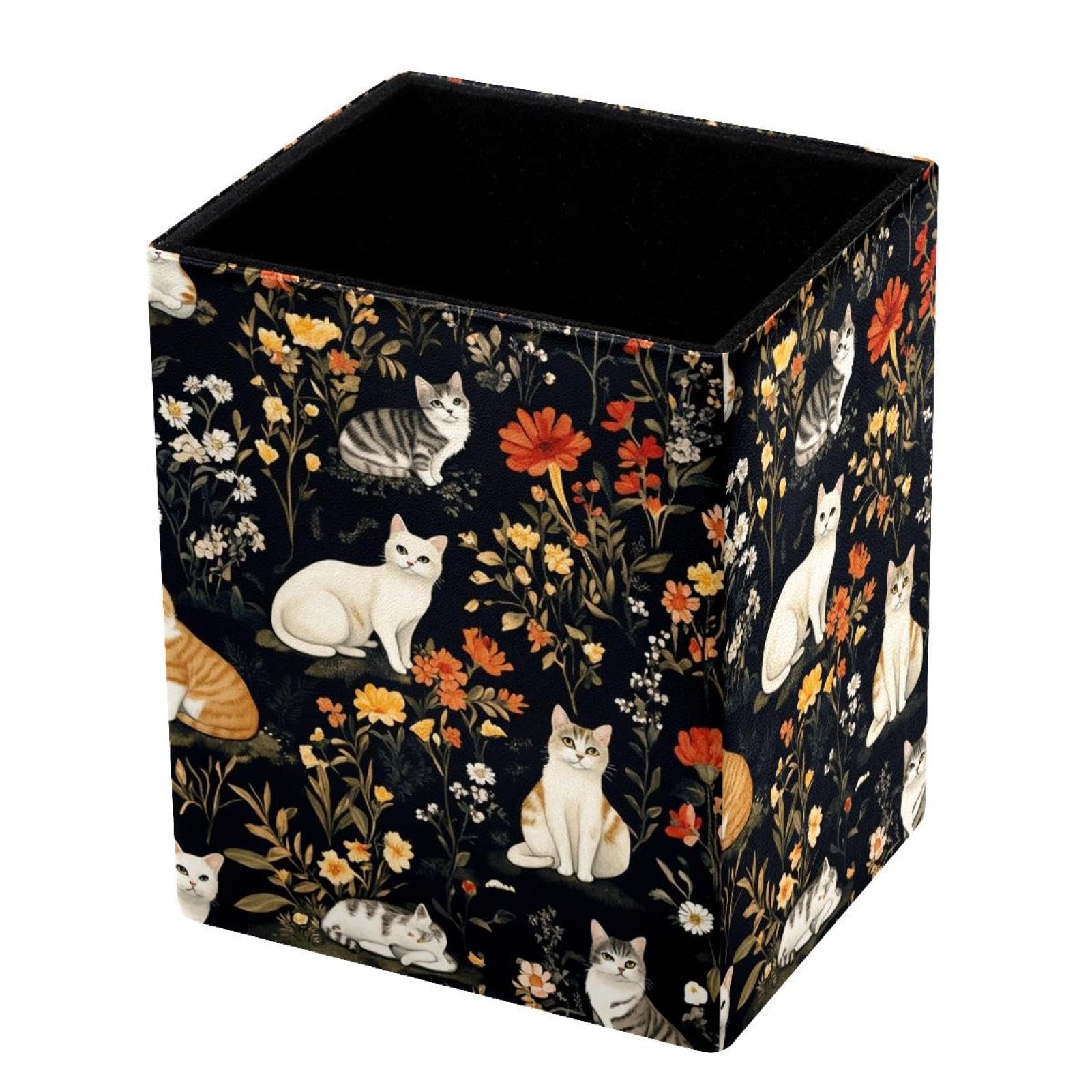 FWJZDSP Pencil Holder for Desk Pen Pouch with Cats Flowers Print Capacity Pen Cup Leather Makeup Brush Holder for Office Desk Organizer