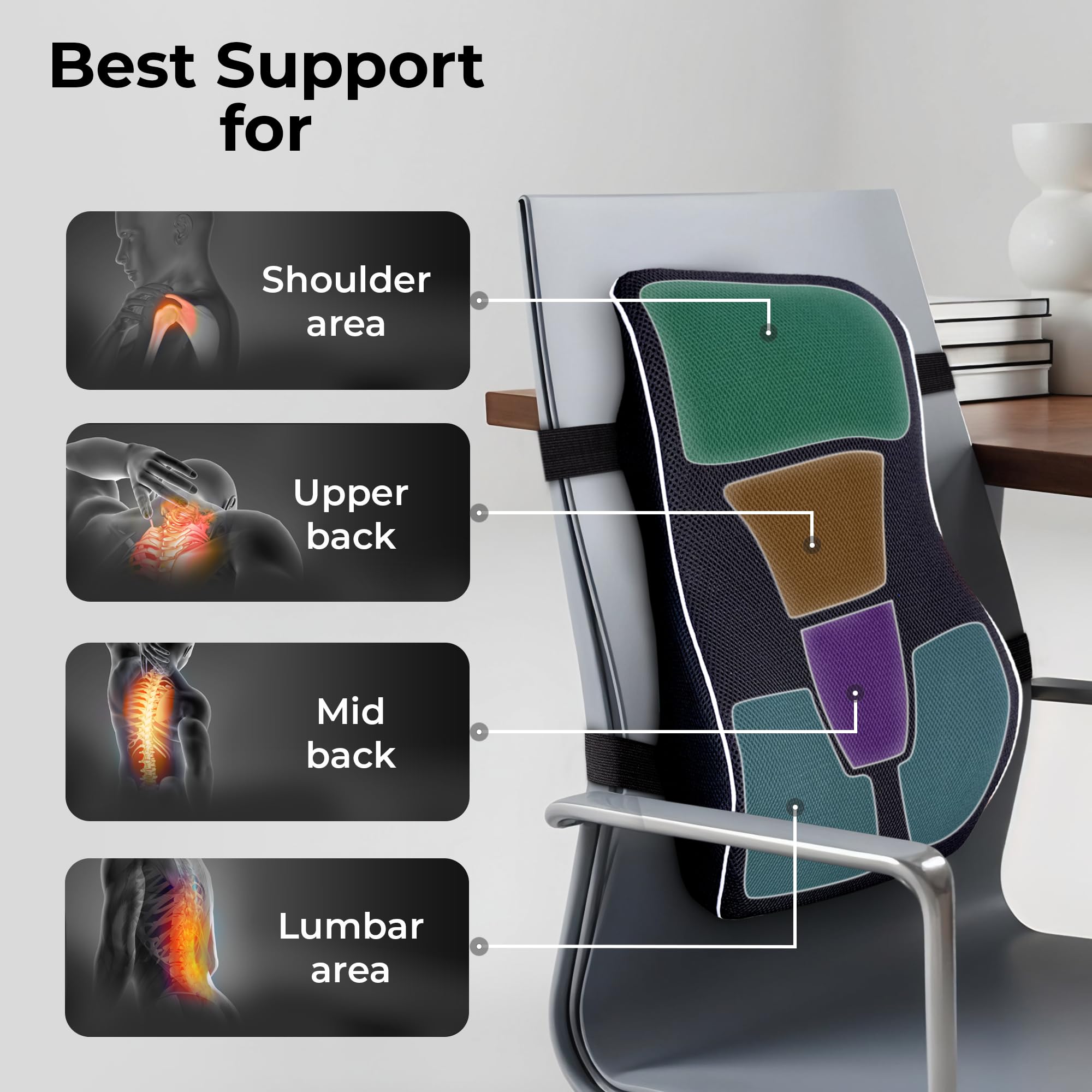 Comfortpad - Cojín de apoyo lumbar | Espuma viscoelástica para aliviar el dolor de espalda | Soporte ergonómico de espalda completa | Para silla de oficina, coche y hogar | Cubierta de malla
