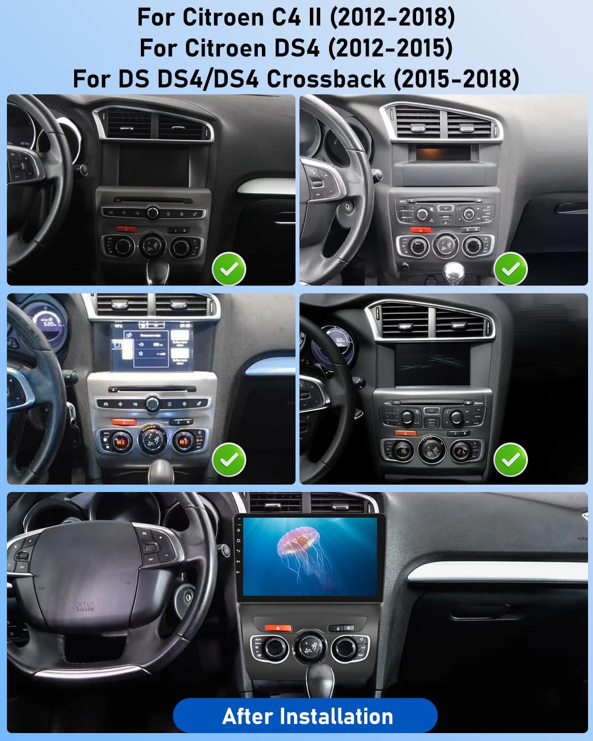 NHOPEEW Autoradio Android 2G+64G pour Citroën C4 II / DS4 / DS4 Crossback 2012-2018, écran Tactile 9 Pouces, CarPlay Android Auto sans Fil, WiFi GPS FM RDS, écran partagé, SWC, caméra arrière AHD