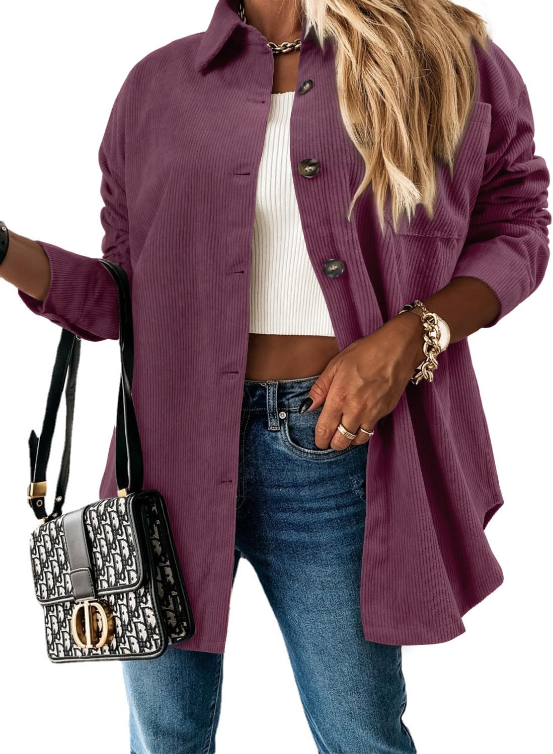 ZOLUCKY Womens Shackets Jacket Plus Size Long Sleeve Button Down Shirts Blouses Tops - Image 2