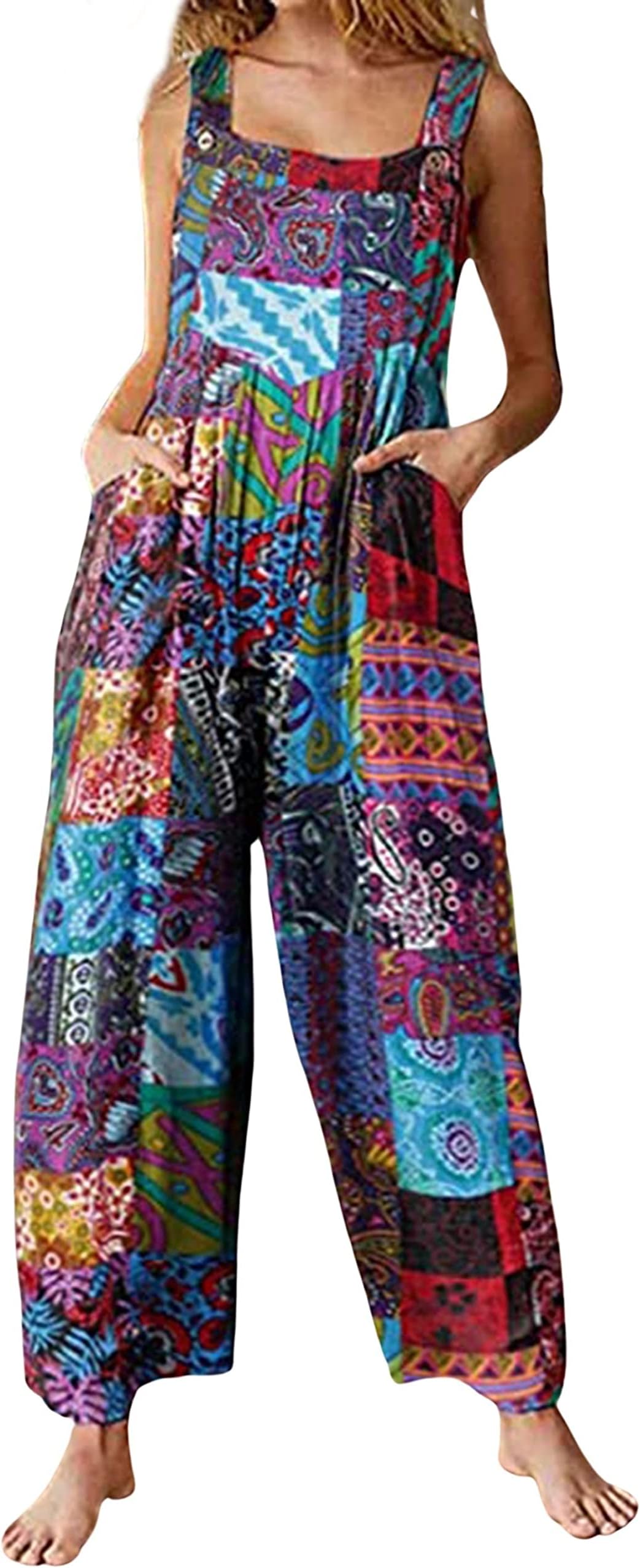 Overalls Women Summer Boho Floral Loose Wide Leg Jumpsuits with Pockets Patchwork Bib Overalls