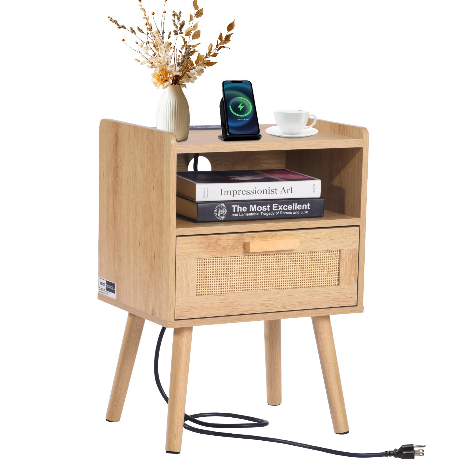 VEVOR Rattan Nightstand, Boho Bedside Table with Drawer Open Shelf, End Table Wooden Nightstand with Solid Wood Legs, Rattan Side Table with Charging