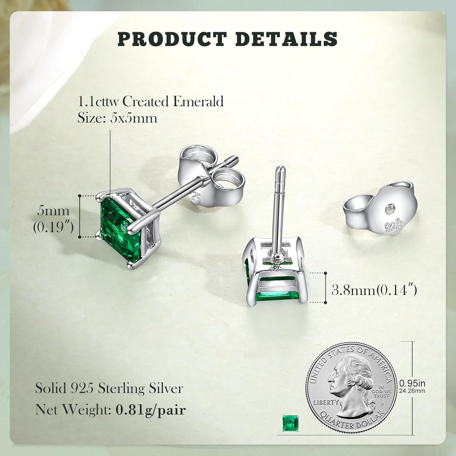 925 Sterling Silver Birthstone Stud Earrings for Women Men, Created Sapphire/Emerald/Ruby/Spinel Earrings Birthday Everyday Jewelry(with Box) - Image 5