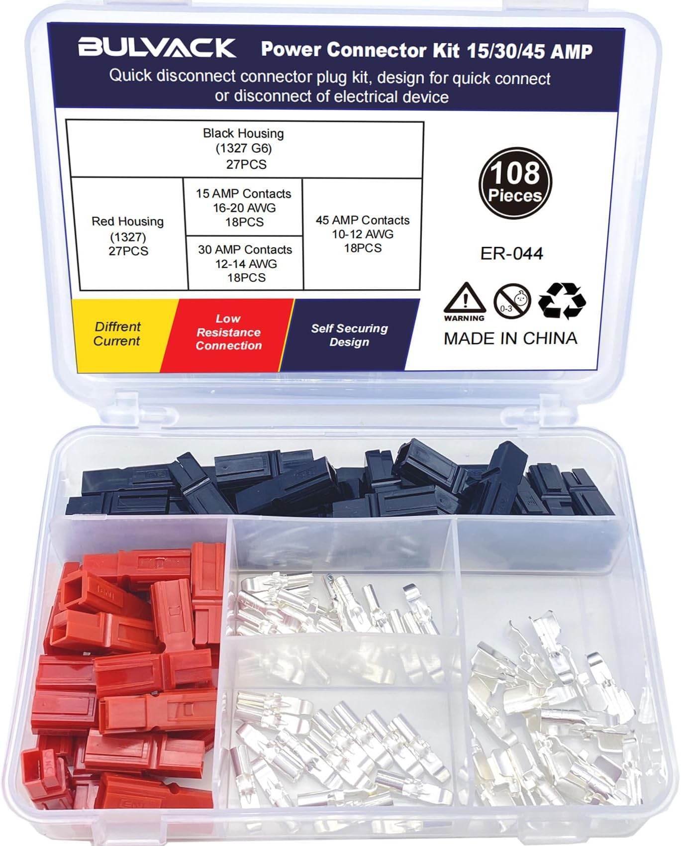 108 PCS 15/30/45 Amp Power Connectors Assortment Kit, Quick Disconnect Battery Connector Modular Terminals Connectors, AWG10-20