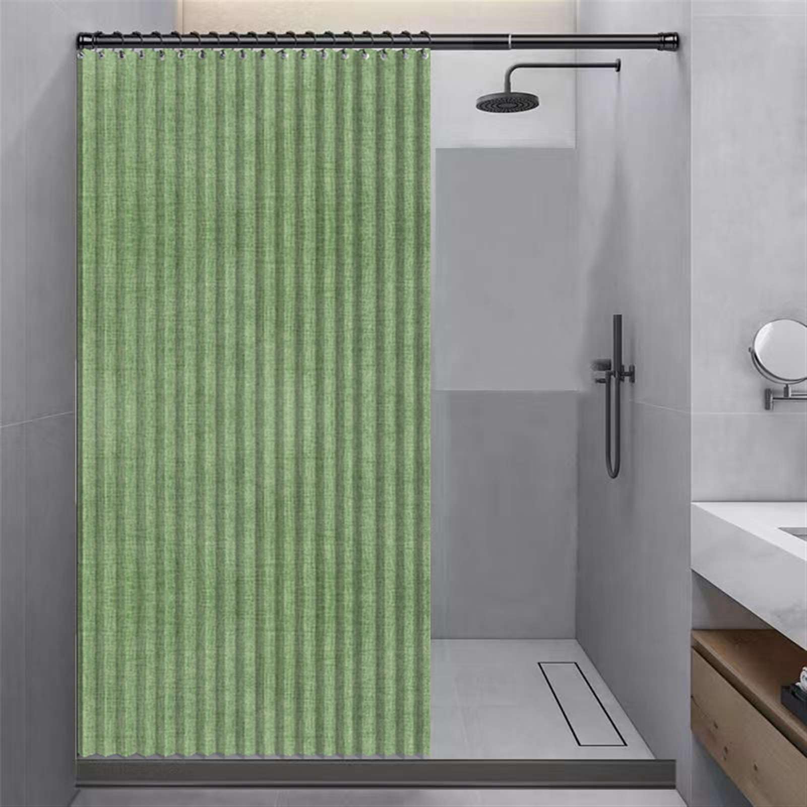 Cortina de ducha plegable impermeable antimoho de lino con ganchos, color verde, 180 x 200 cm, a prueba de salpicaduras, magnética, ideal para baños, fácil de limpiar, duradera, diseño elegante