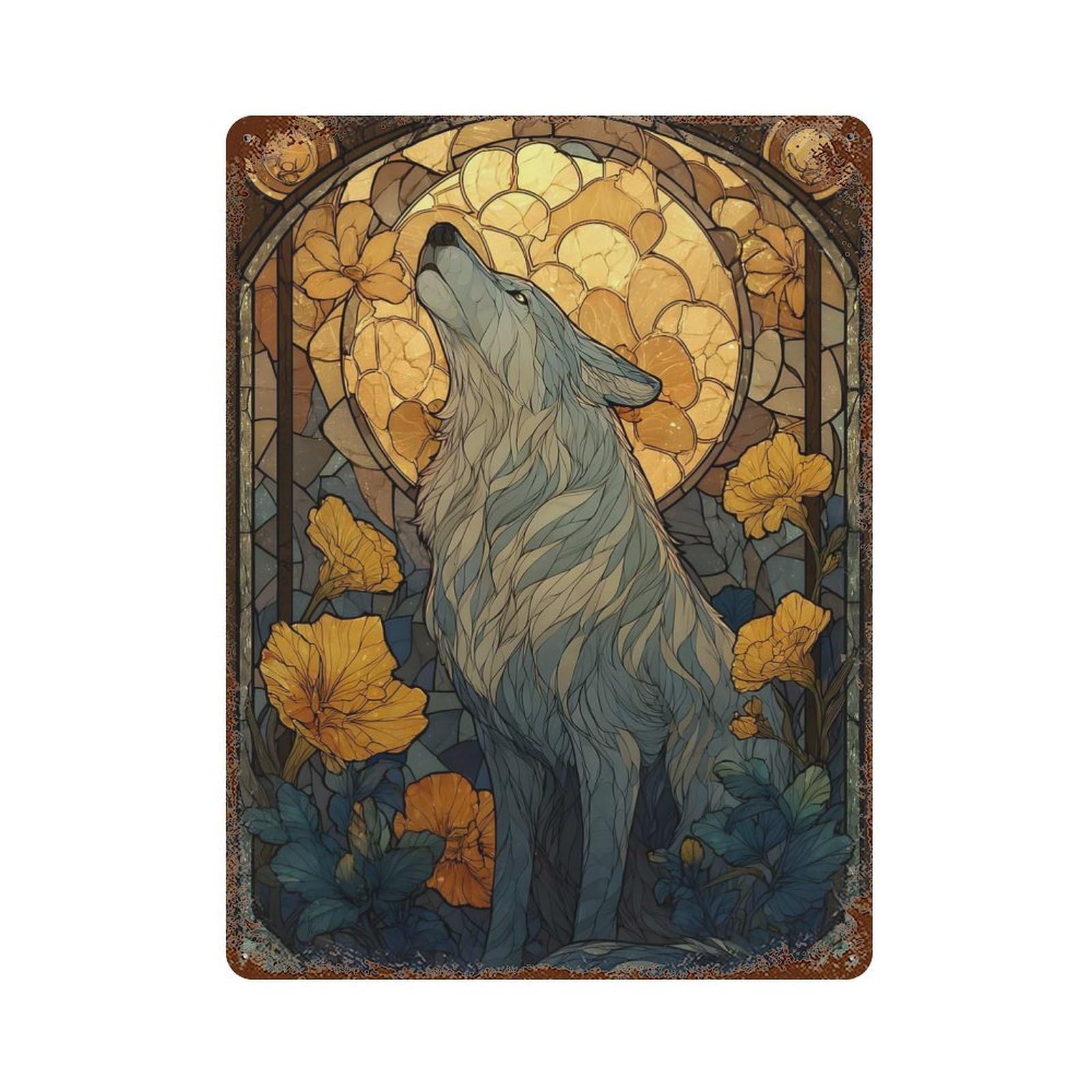 Stained Glass Wolf Howling at Moon 15.7"x11.8" Vintage Rust Metal Sign, Decorative Metal Wall Art for Farmhouse, Kitchen And Entryway Decor