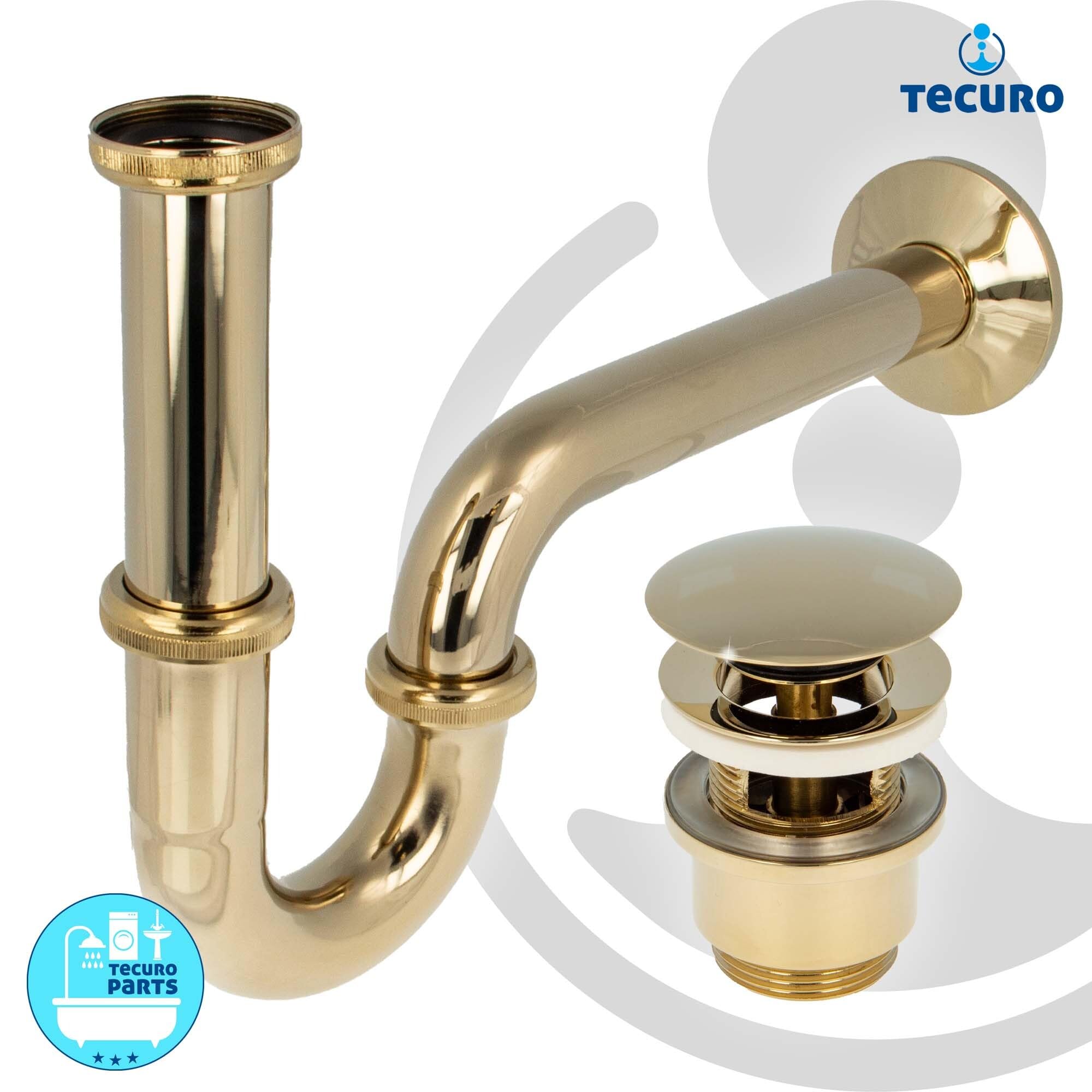 tecuro Siphon extra lang mit Pop Up Ablaufventil vergoldet - Universal Set für Waschtisch/Waschbecken