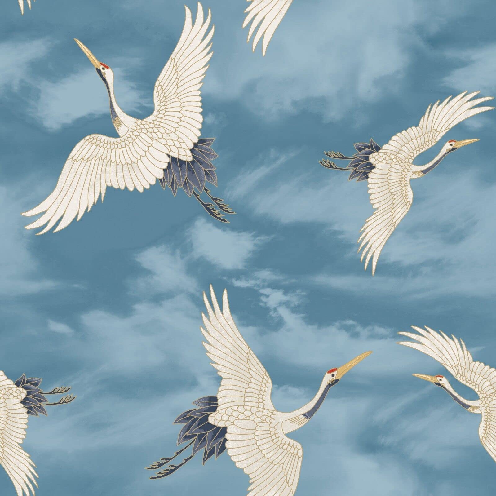 Sophie Laurence Blue, White, Silver Oriental Japanese Birds Cranes Feature Wallpaper - Thick Heavy Duty Soild Paste The Paper Wallpaper (Full Roll, )