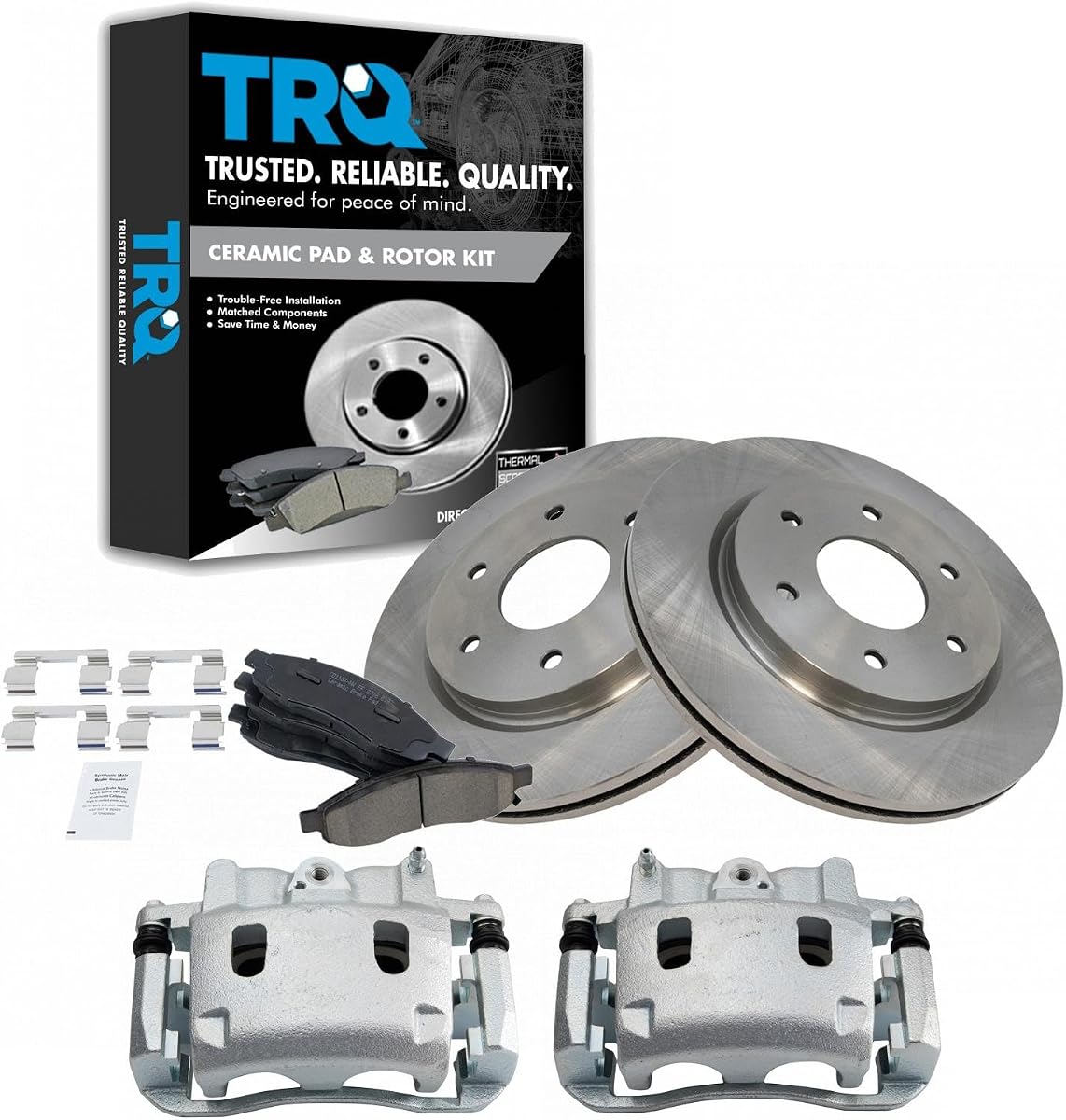 TRQ Front Brake Pad Caliper & Rotor Kit Ceramic Vented | For 2005-2006 Infiniti QX56 Nissan Armada 2005-2007 Titan