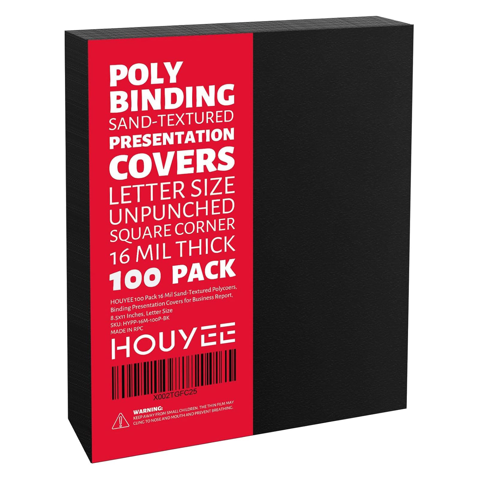 HOUYEE 100 Pack 16 Mil Poly Binding Covers,Sand Texture Binding Presentation Covers,8.5x11 Inches,Letter Size,Black,Square Corners,Un-Punched