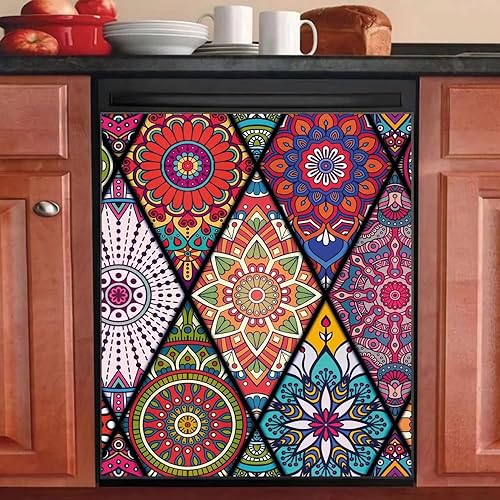 Mandala - Funda magnética para lavavajillas, hermosa decoración de cocina, diseño bohemio autoadhesivo, calcomanía para nevera, electrodomésticos,