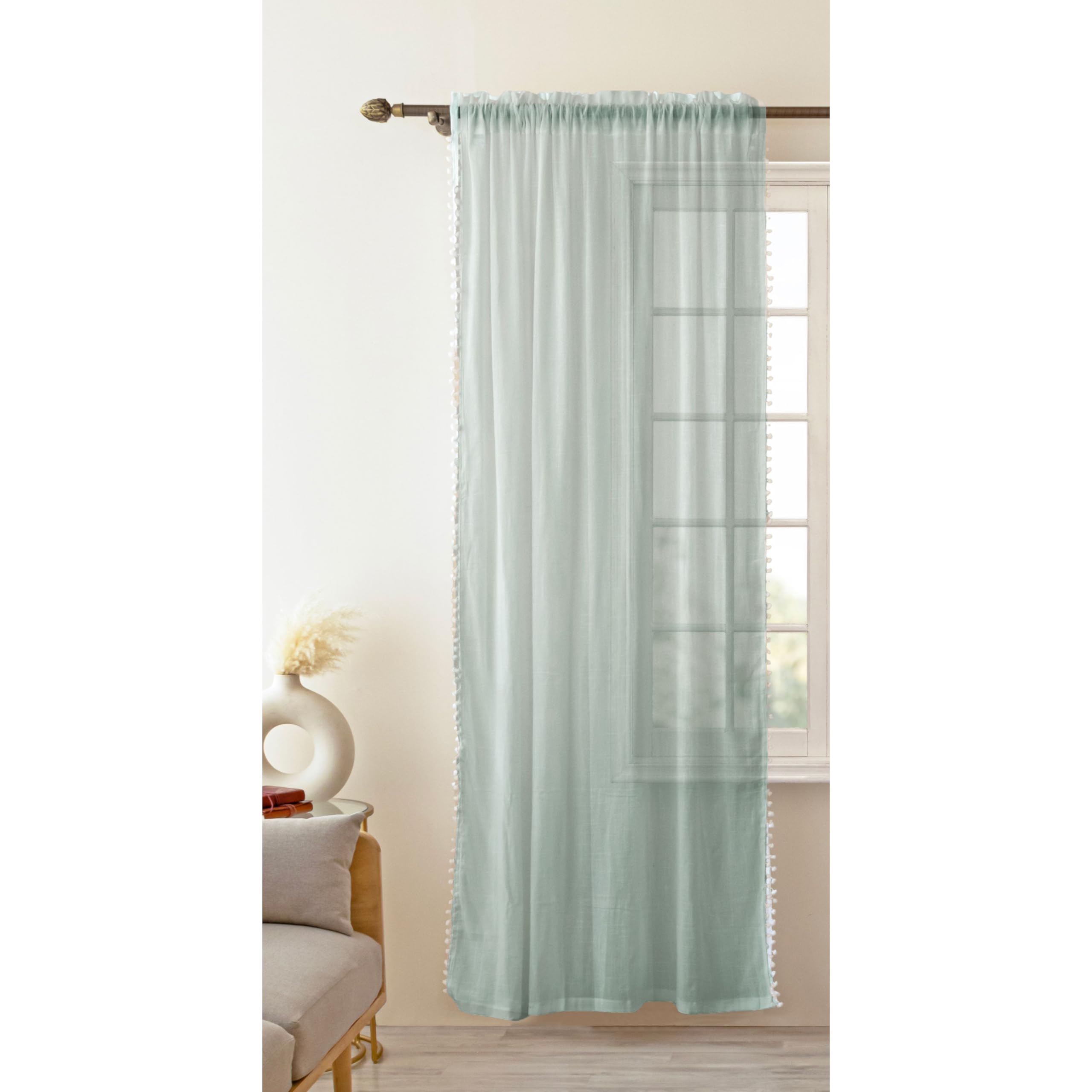 HOMEMONDE Sheer 8 Feet Curtains with Border Pompoms- Long Door Panels, Sun Light Filtering, Top Style Rod Pocket - (Silver Grey, Single Pcs) (B0CQYBXBDP) Amazon Price History, Amazon Price Tracker