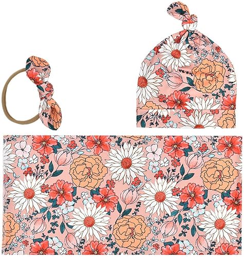 Miniatura 6 de Newborn Swaddle Blanket Headband Hat Set Baby Girl Print Receiving Blanket New Born Hospital Outfit Infant Shower Gift 0-3 Months (Waffle -Coffee)