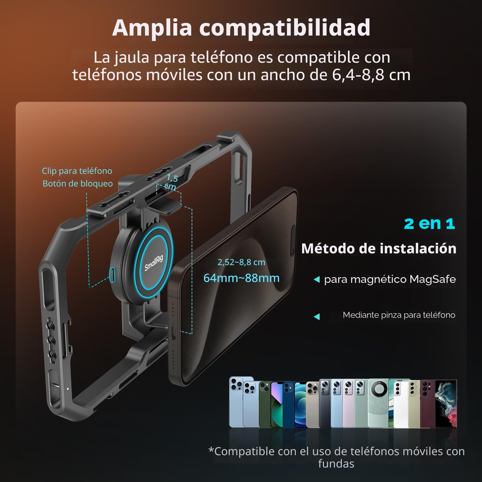 SMALLRIG Kit Básico de Soporte Universal para Teléfono de Liberación Rápida, Soporte de Video para Teléfono Inteligente de Aluminio con Control Inalámbrico, Manijas Dobles y Clip para Teléfono - 4597