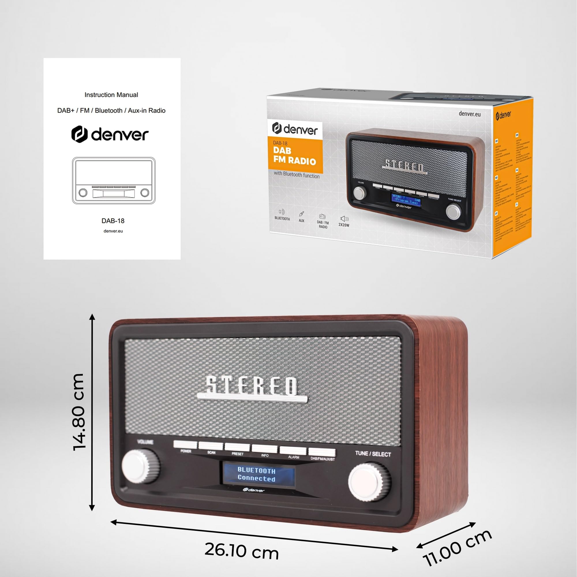 Denver Electronics DAB-18 Radio portable Personnel Analogique et numérique Noir, Gris - Radios portables (Personnel, Analogique et numérique, DAB+,FM, 87,5 - 108 MHz, Auto scan, 4 W)