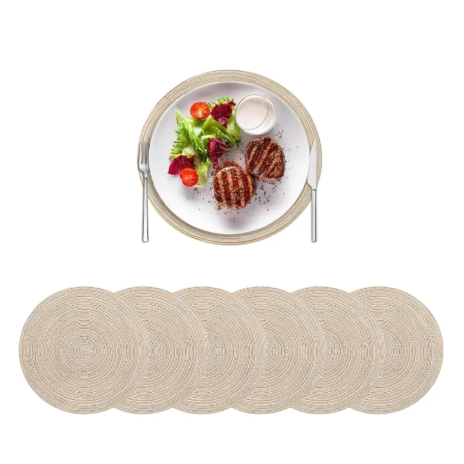 6 Pieces Round Braided Woven Place Mats, Table Mat Round Placemats (Beige) — image 1