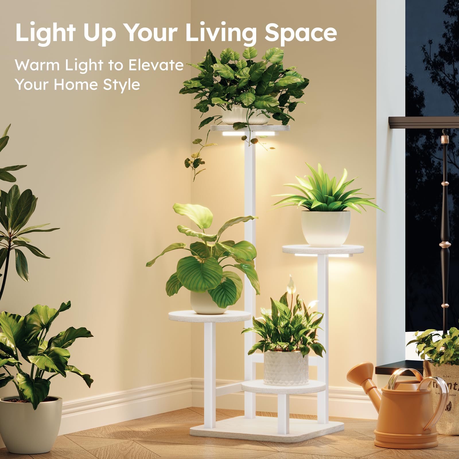 Homsorout Pflanzenständer Innen mit Wachstumsleuchte, 4-stöckiger hoher Pflanzenständer innen, Pflanzenregal aus Metall mit einstellbarem Licht, ideal für Wohnzimmer, Garten, Terrasse, Weiß