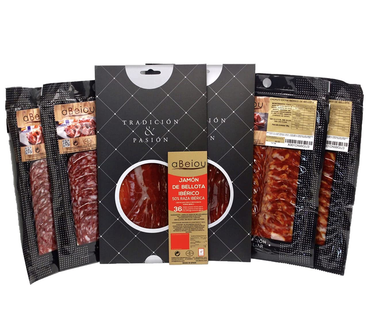 Assortimento Salumi Iberici Gourmet 600 g (6 buste) — Jamón Ibérico Ghianda + Más — Certificato Hycer Guijuelo — aBeiou
