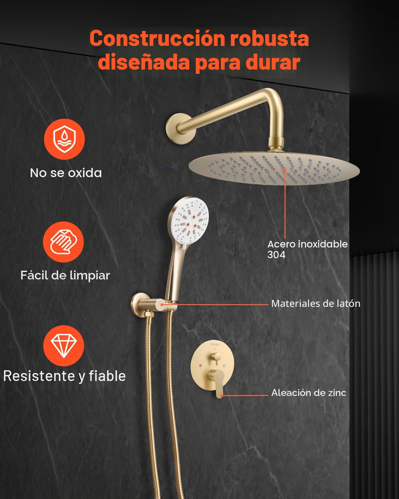 VEVOR Juego de Grifo de Ducha de Lluvia con Cabezal de Ducha Redondo de 25,4 cm y Rociador de Mano, Grifería de Baño de Pared con Válvula de Latón y Kit de Embellecedor, 6,7 L/min, Oro Cepillado
