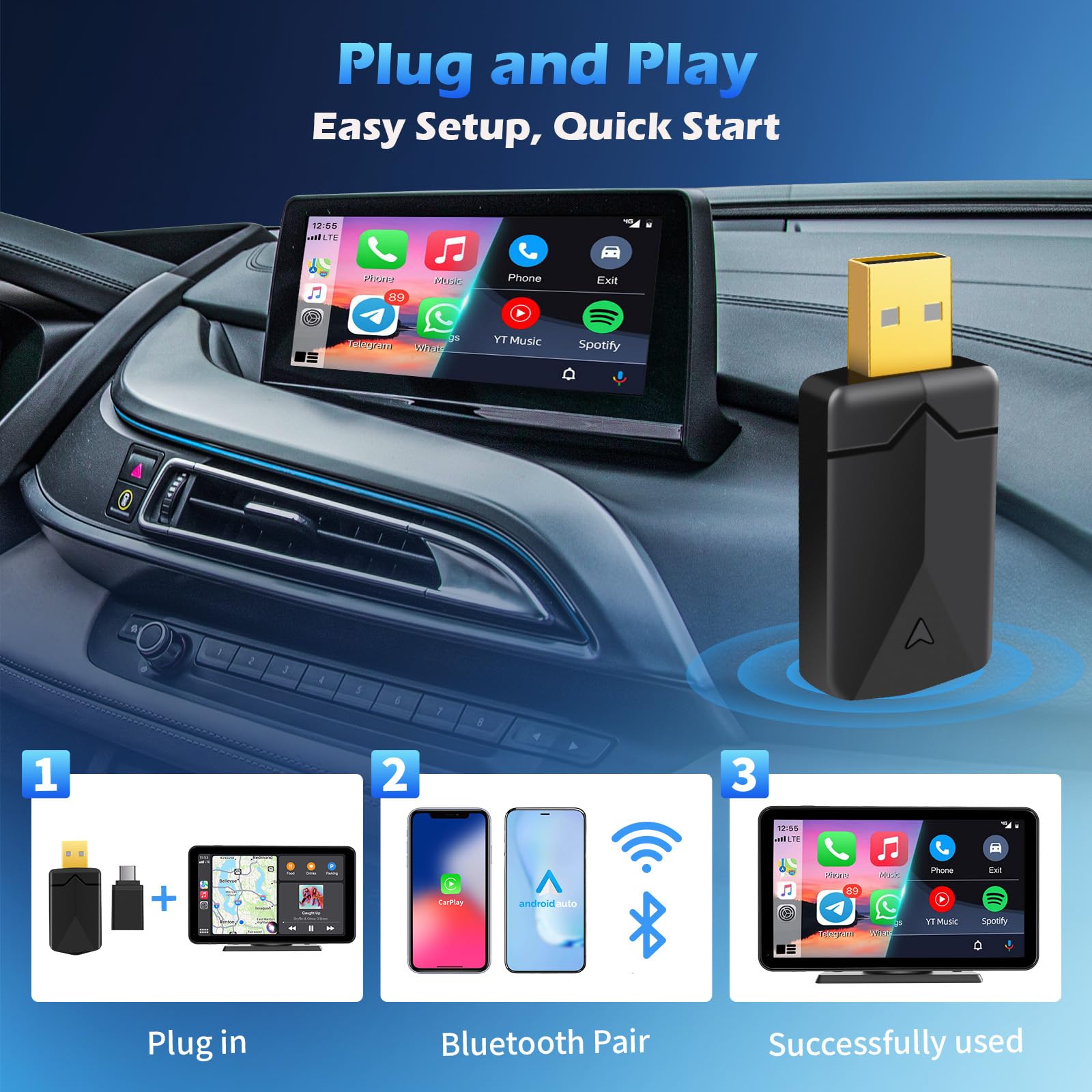 Adattatore Carplay Wireless & Android Auto Wireless 2 IN 1, Converte Android Auto/Carplay da cablato in Wireless,Typ-C/USB Plug & Play Mini, Compatibile con iOS 10+ Android 11+
