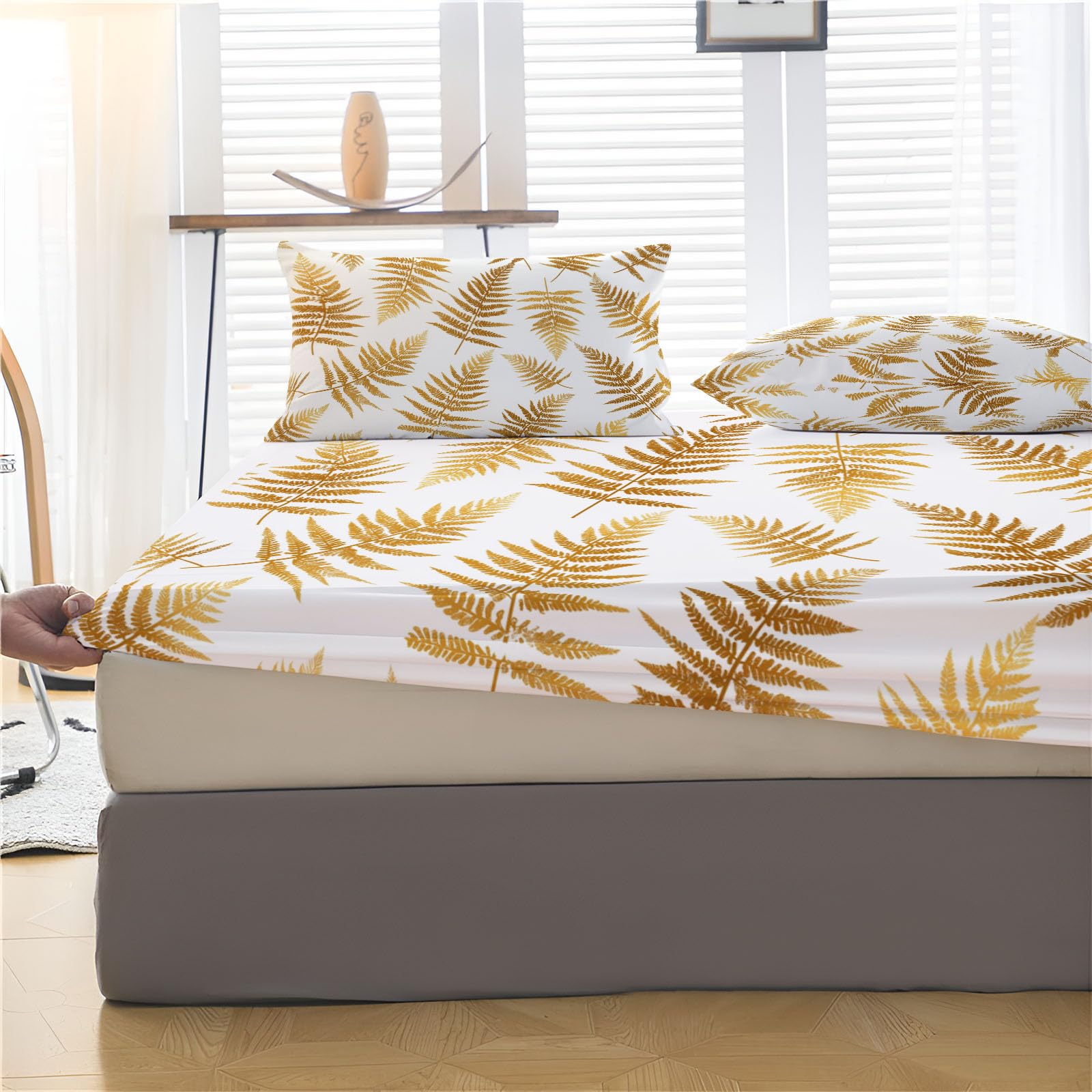 Sábanas 200X190/200Cm - Juego De Sábanas 3 Piezas Estampadas Helecho Metálico - Microfibra Suave Transpirable - Sábana Bajera Ajustable - Ropa De Cama Plantas Minimalistas (Beige)