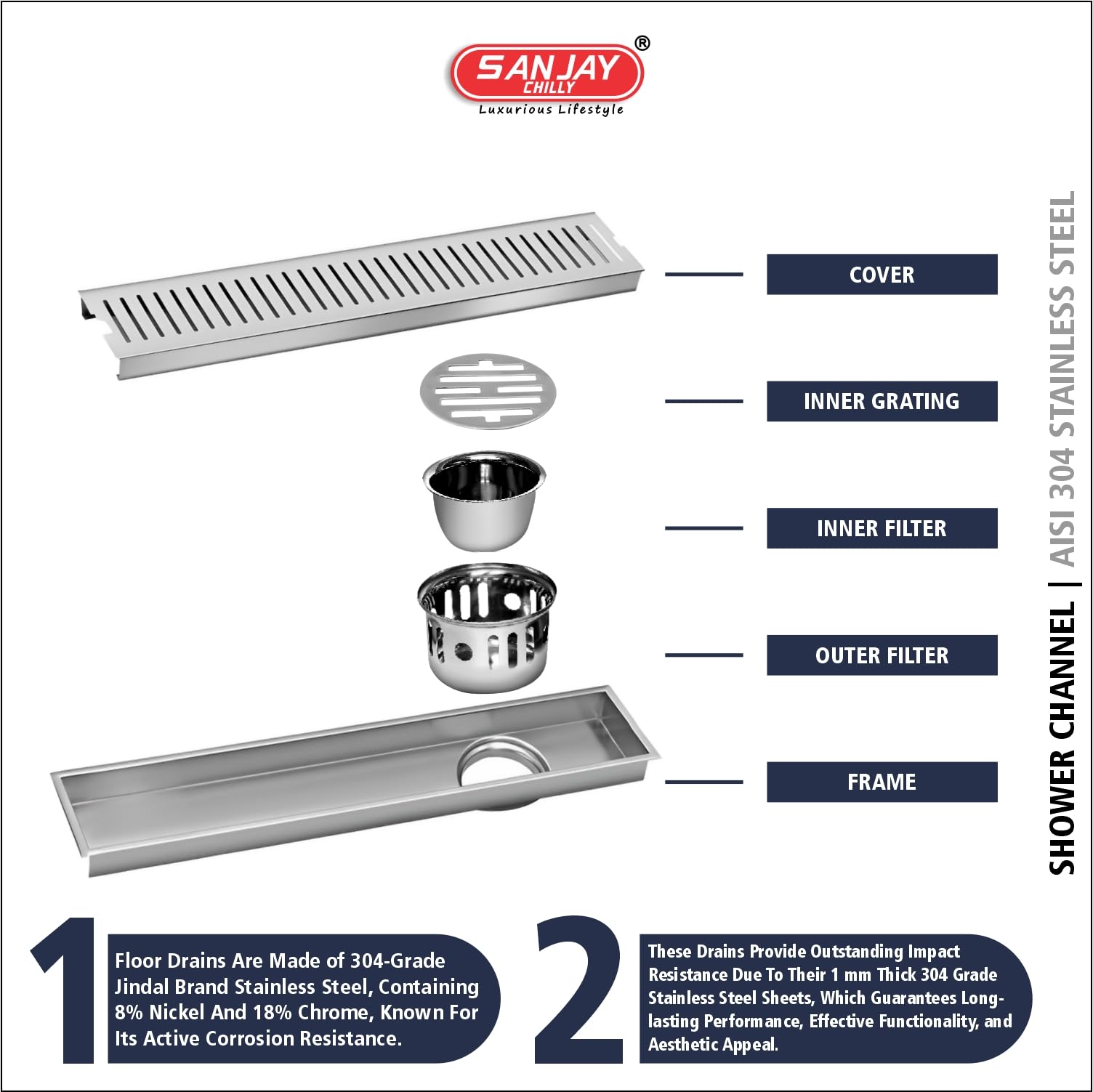 SANJAY CHILLY Classic Ultra Shower Channel (4.7 X 24 INCH) Waste Water Floor Drain Channel 304 Stainless Steel with Cockroach Trap and Collar (Side Hole) 1