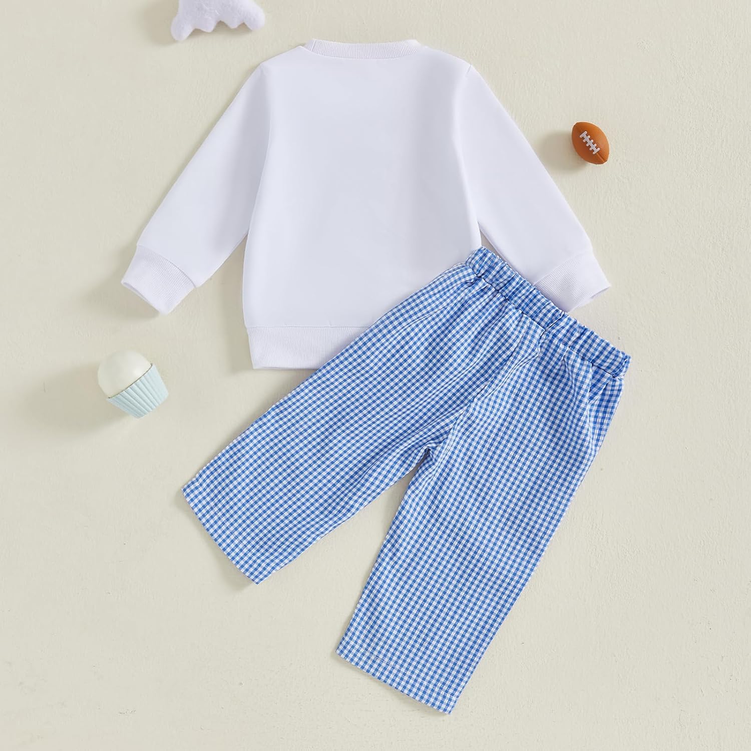 Adobabirl Toddler Baby Boy Football Outfit Rugby Embroidery Long Sleeve Shirt Plaid Pants Set Game Day Outfit Fall Clothes Blue 6-12 Months image 7 of 7 B0FCMG6HVM