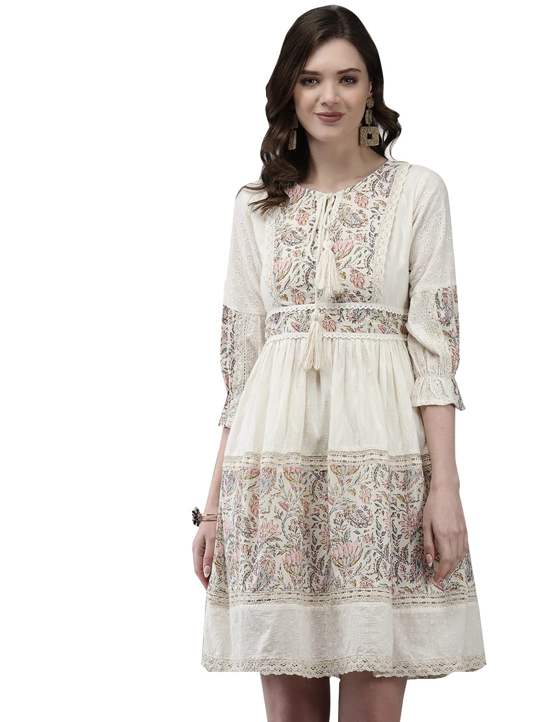 Ishin Women's Cotton Above Knee Length Embroidered A-Line Indo Western Dress Topknm-21027_M_Off White