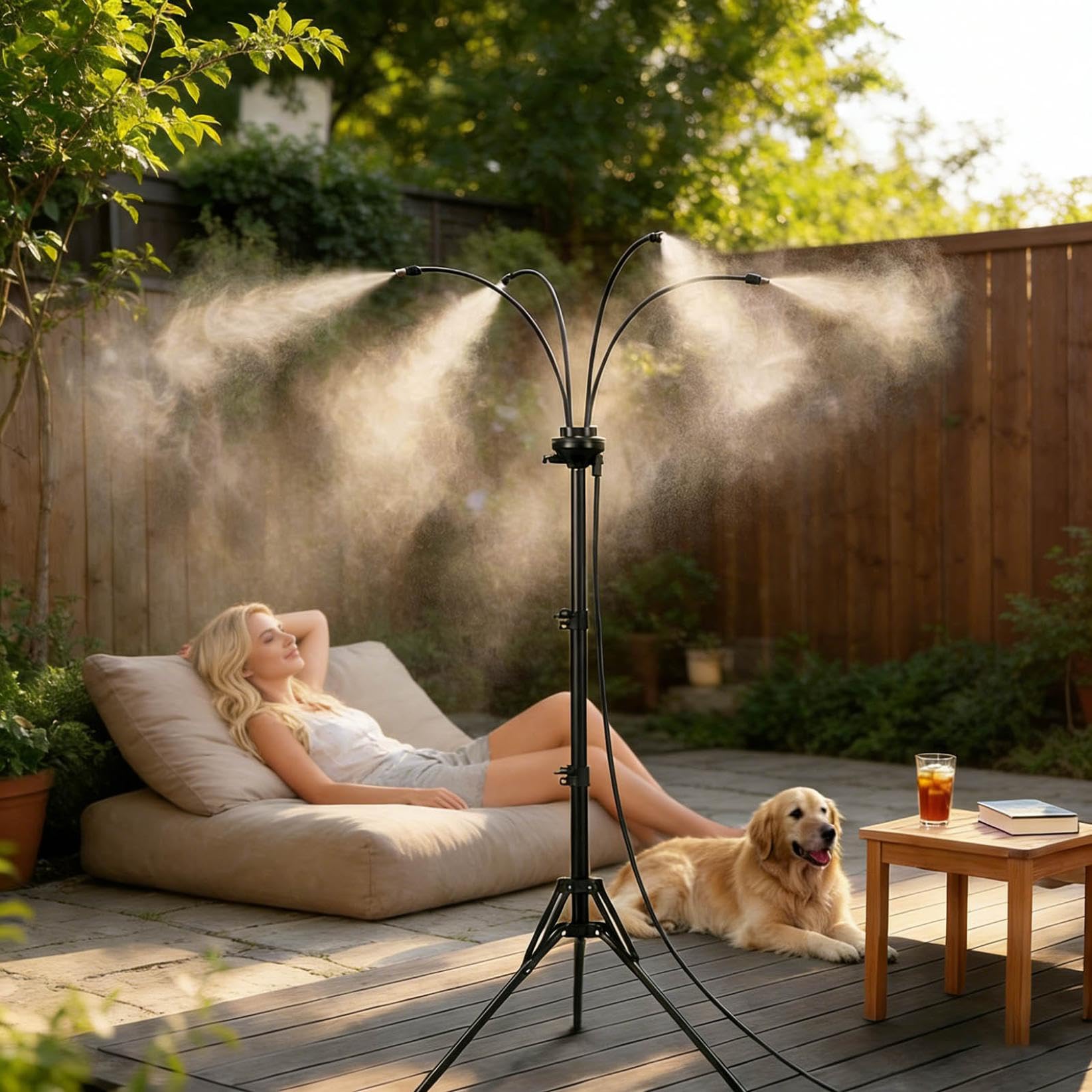Brumisateur sur Pied, Trépied Hauteur Réglable 110cm, Système de Rafraîchissement pour Terrasse Jardin Piscine, Kit Brumisation Extérieur avec 8m Tuyau, Arroseur Automatique pour Barbecue Animaux