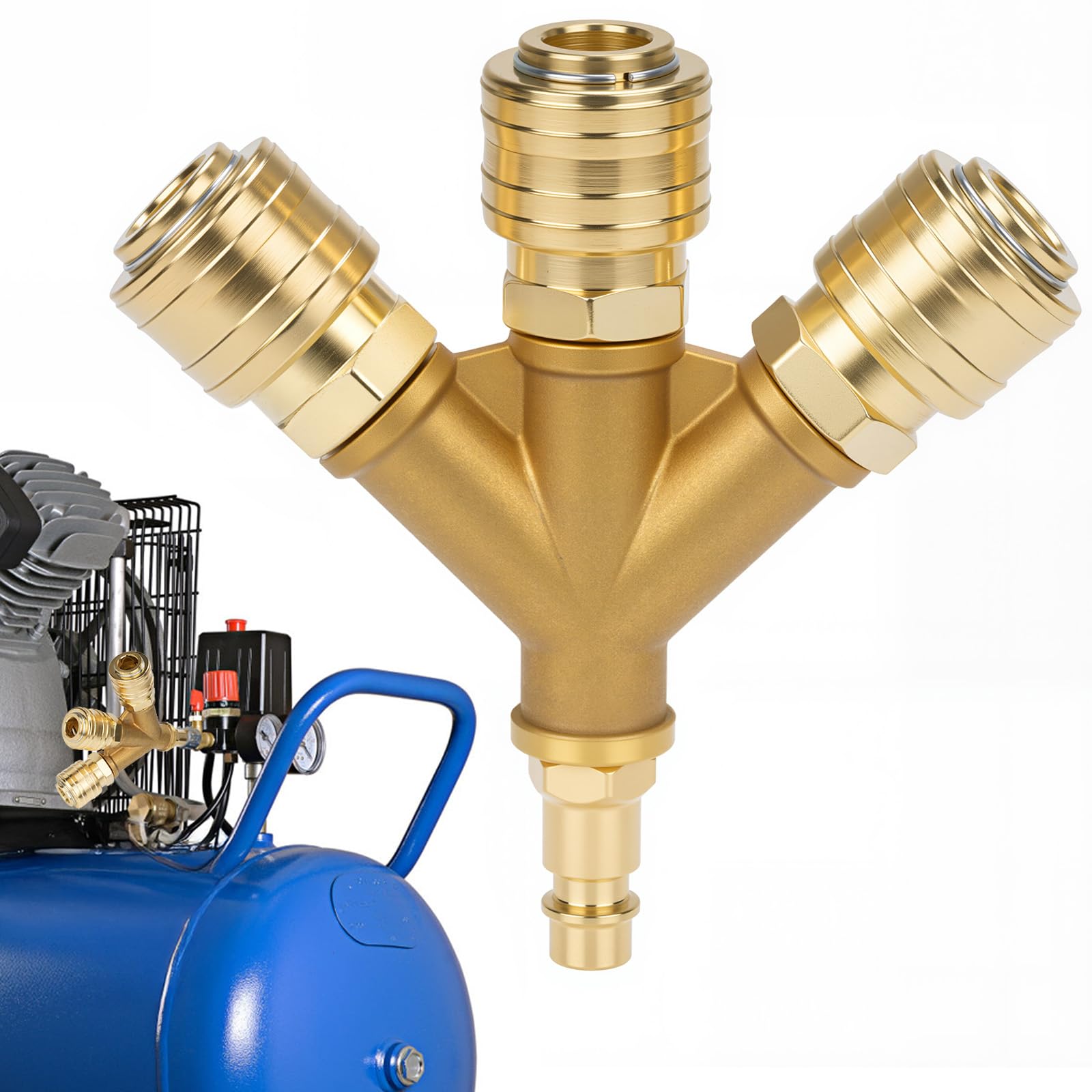 Sukudon Compressed Air Distributor Compressed Air Switch 3-Way with 3 Couplings, NW 7.2 1/4 AG Air Hose Quick Coupler Distributor, Compressed Air Switch with Male Thread, Brass Compressed Air
